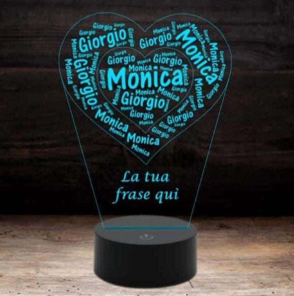 Lampada 3D personalizzata in plexiglass e led Cuore con nomi – The Bumba  Store
