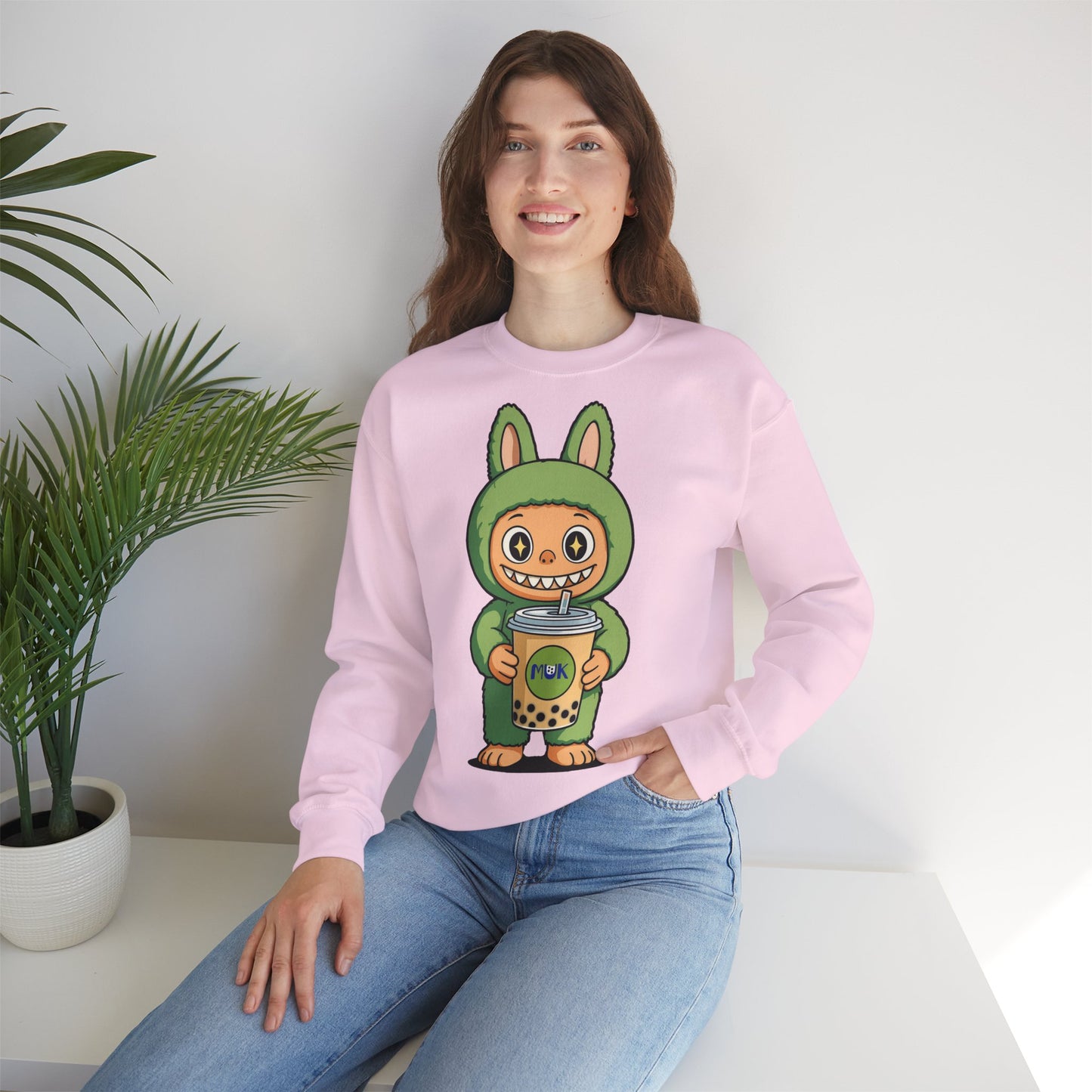 Felpa Unisex Labubu Bubble Tea – Sweatshirt Verde Streetwear Heavy Blend.