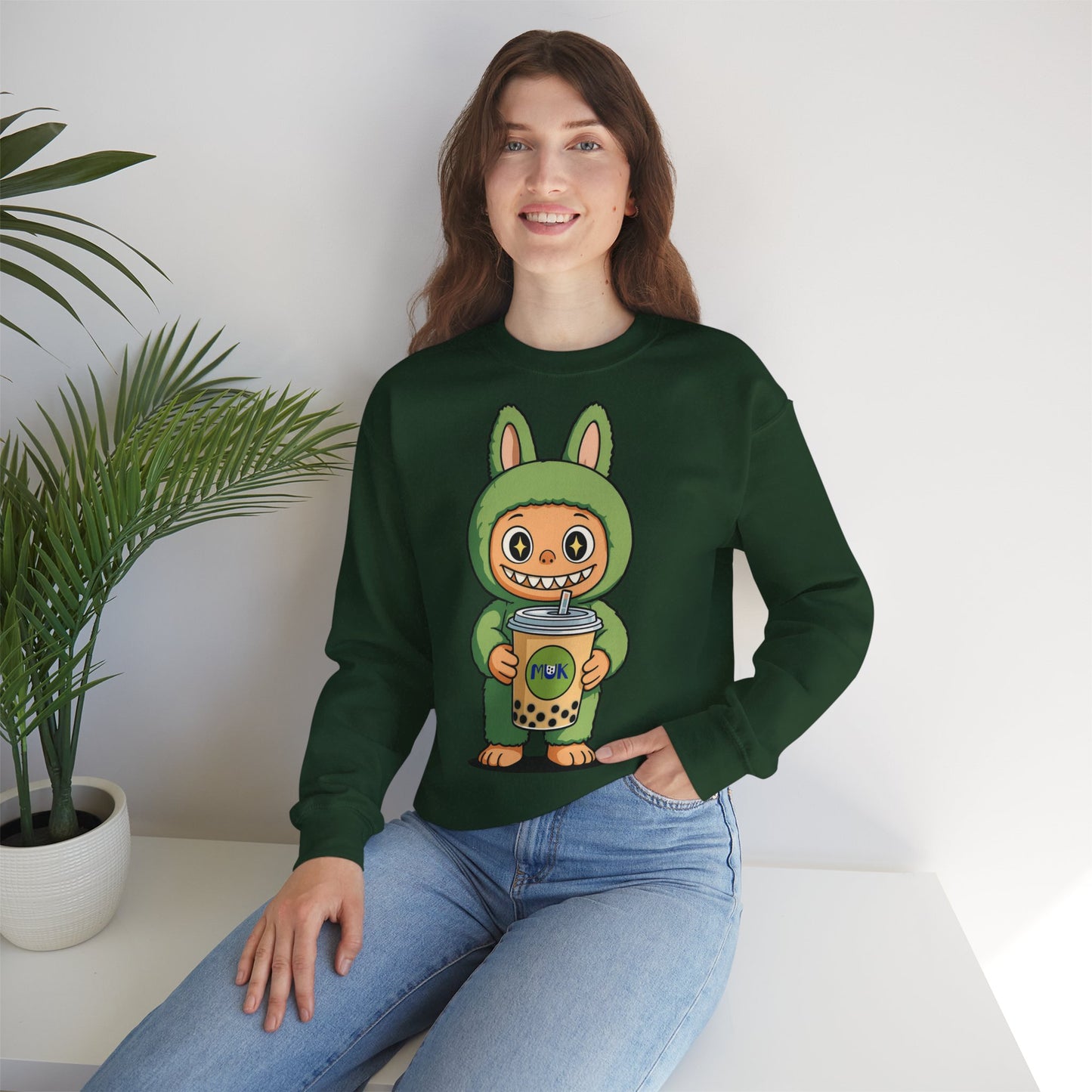 Felpa Unisex Labubu Bubble Tea – Sweatshirt Verde Streetwear Heavy Blend.
