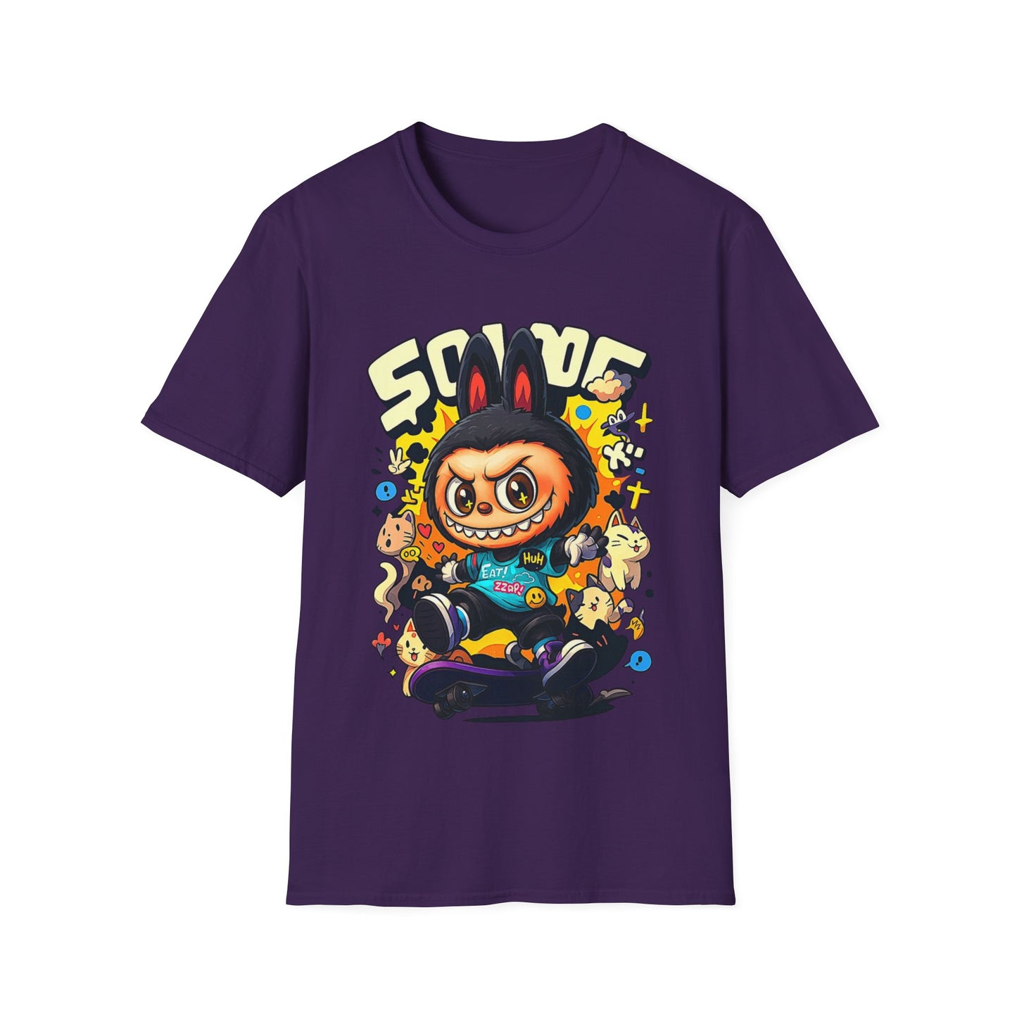 T-Shirt Unisex Labubu Softstyle  – Design Kawaii Streetwear con Skateboard.