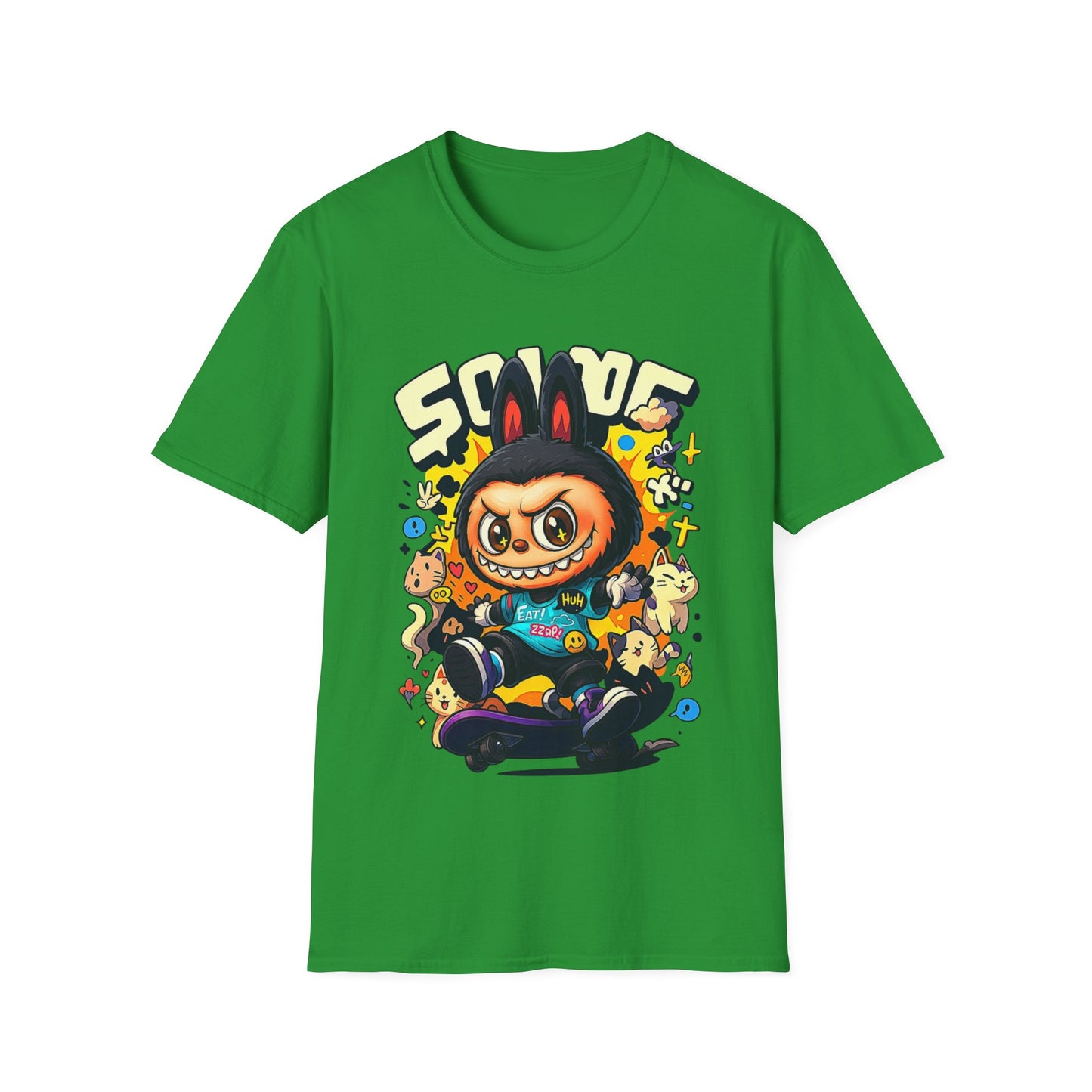 T-Shirt Unisex Labubu Softstyle  – Design Kawaii Streetwear con Skateboard.