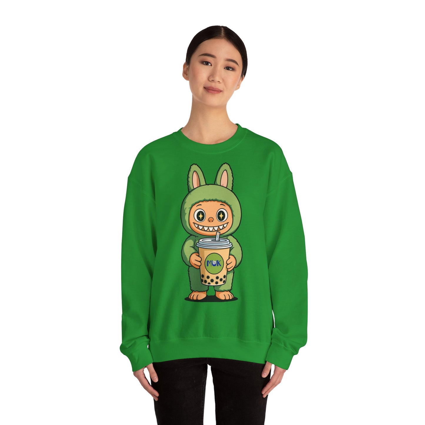 Felpa Unisex Labubu Bubble Tea – Sweatshirt Verde Streetwear Heavy Blend.