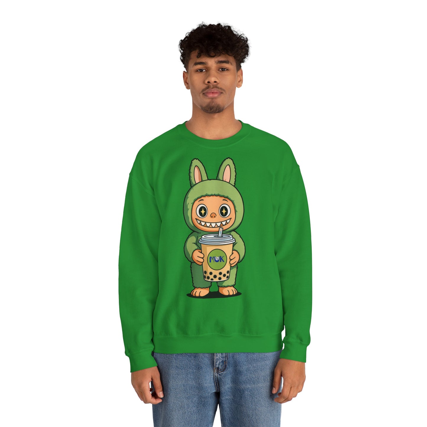 Felpa Unisex Labubu Bubble Tea – Sweatshirt Verde Streetwear Heavy Blend.