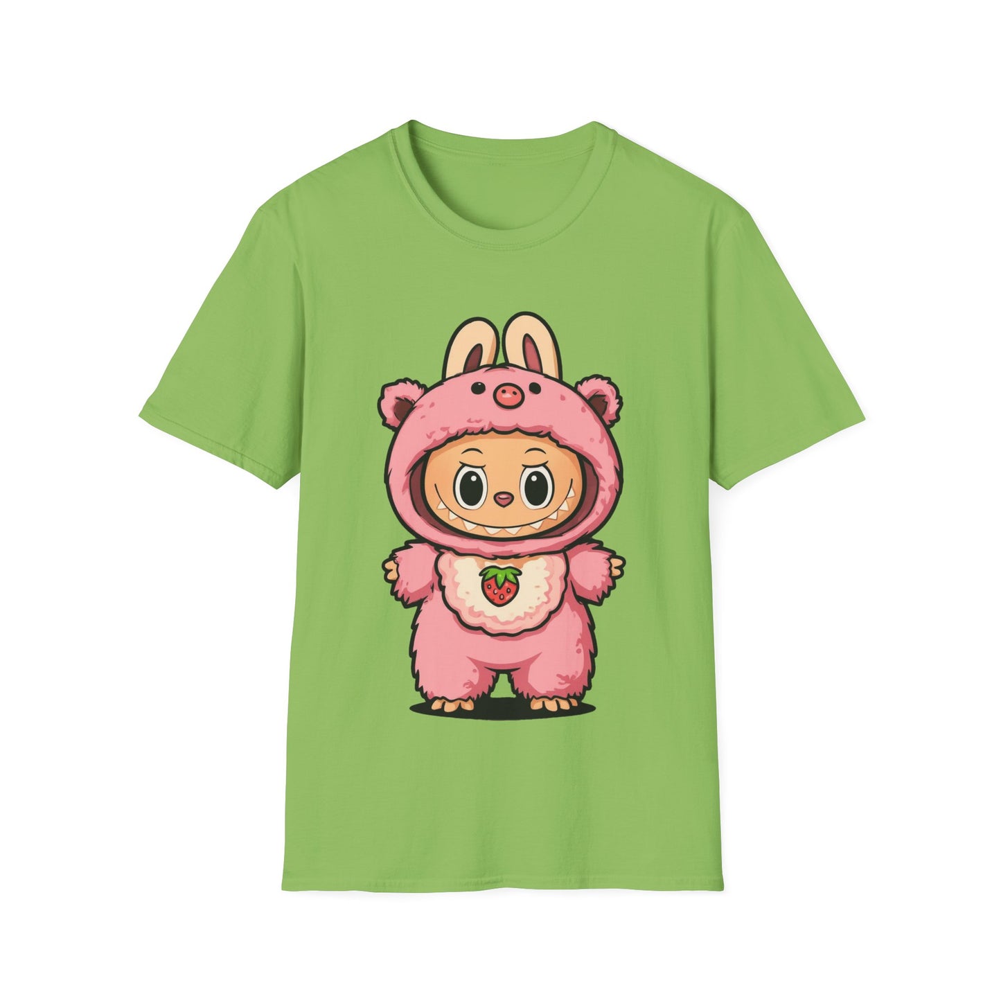 T-Shirt Unisex Labubu Softstyle – Outfit Cartoon Kawaii Rosa Orsetto Fragola.
