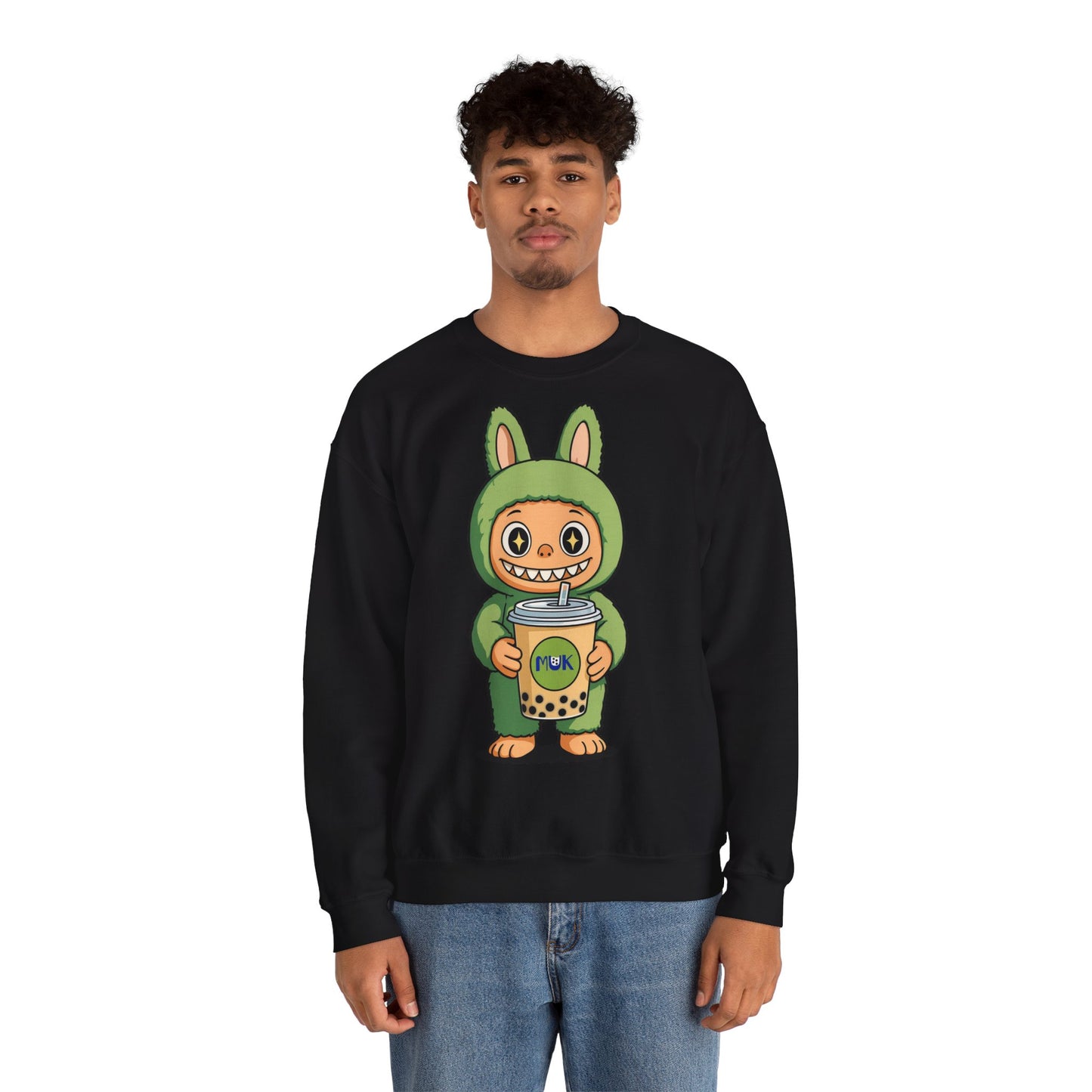Felpa Unisex Labubu Bubble Tea – Sweatshirt Verde Streetwear Heavy Blend.