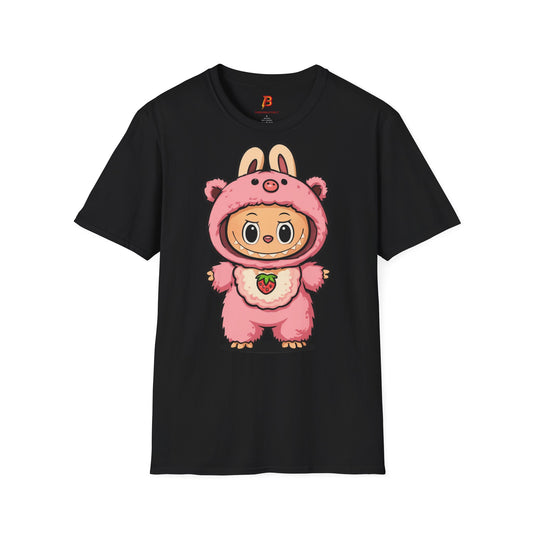 T-Shirt Unisex Labubu Softstyle – Outfit Cartoon Kawaii Rosa Orsetto Fragola.