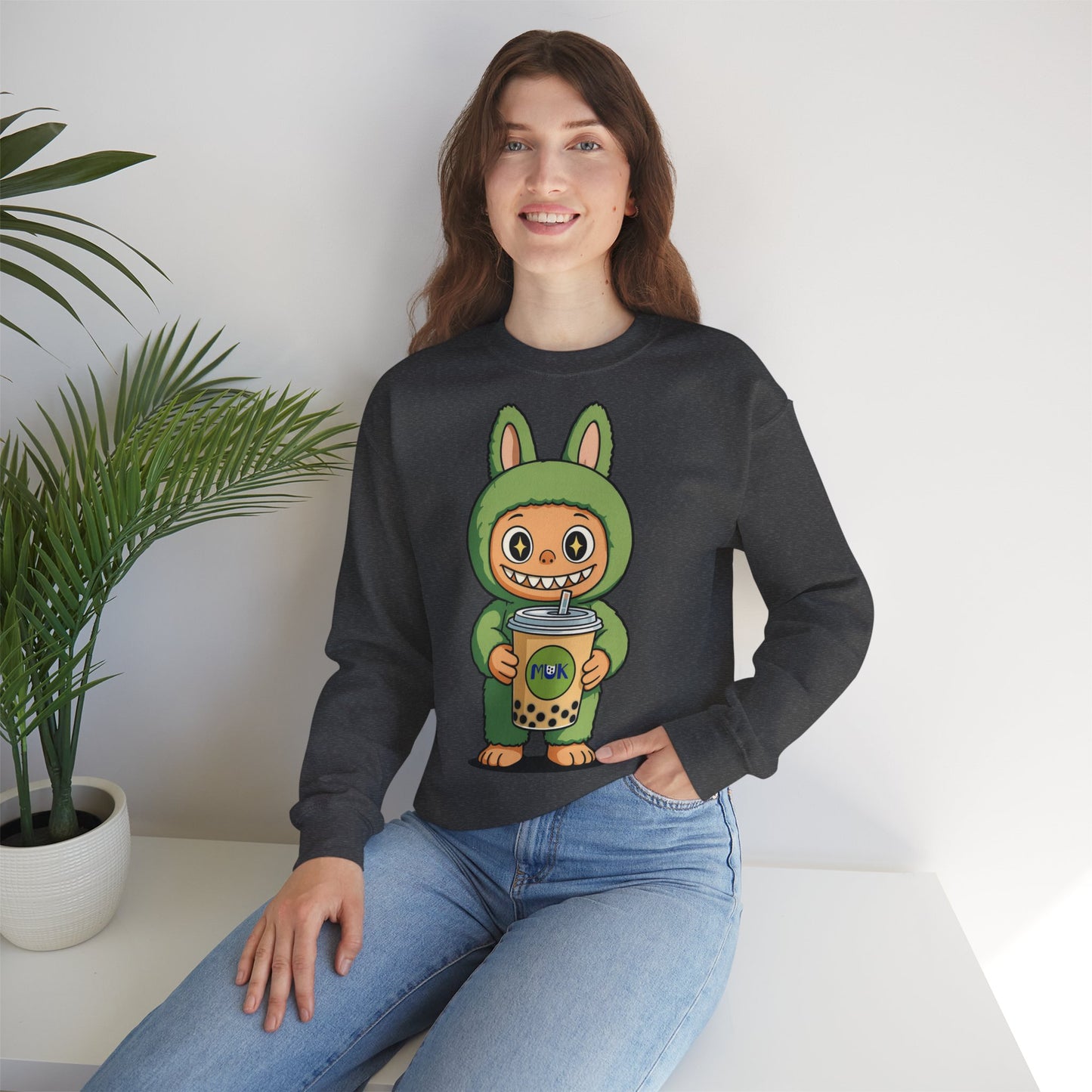 Felpa Unisex Labubu Bubble Tea – Sweatshirt Verde Streetwear Heavy Blend.
