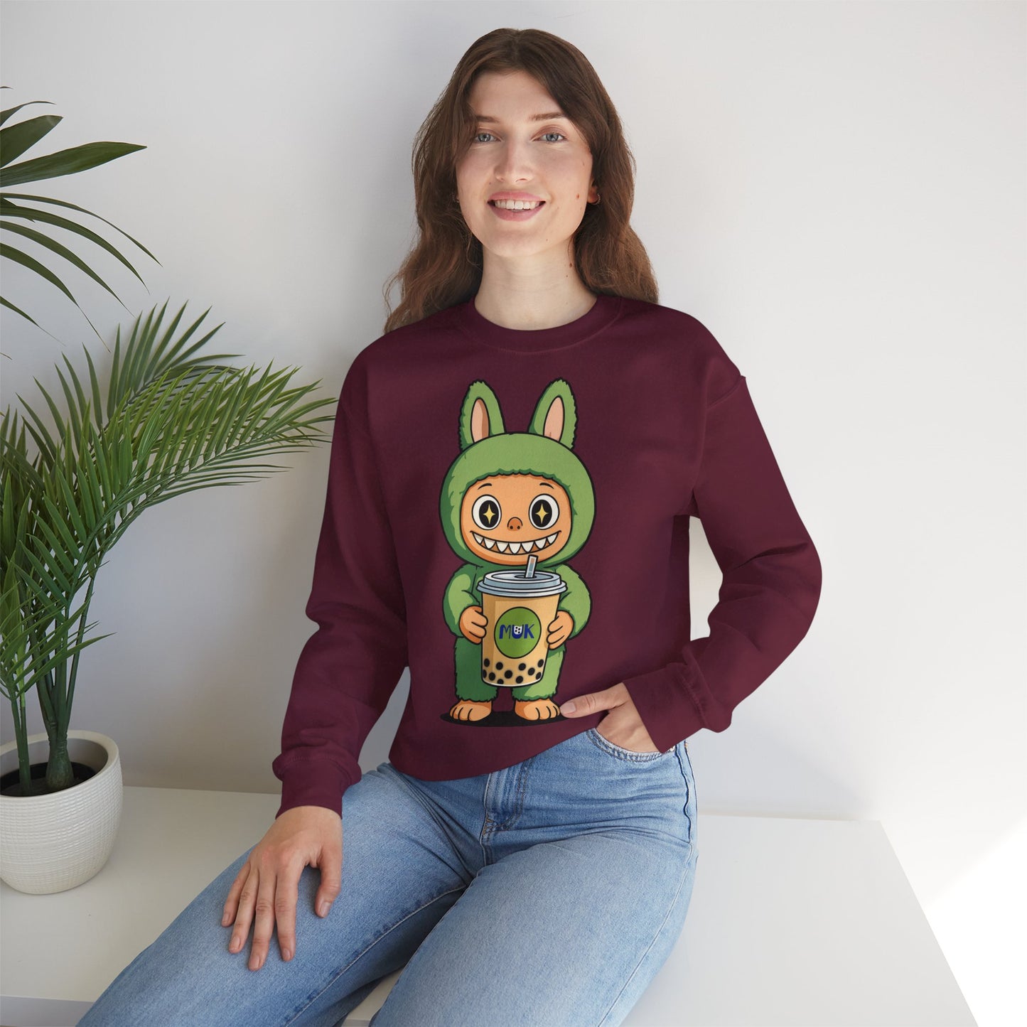 Felpa Unisex Labubu Bubble Tea – Sweatshirt Verde Streetwear Heavy Blend.
