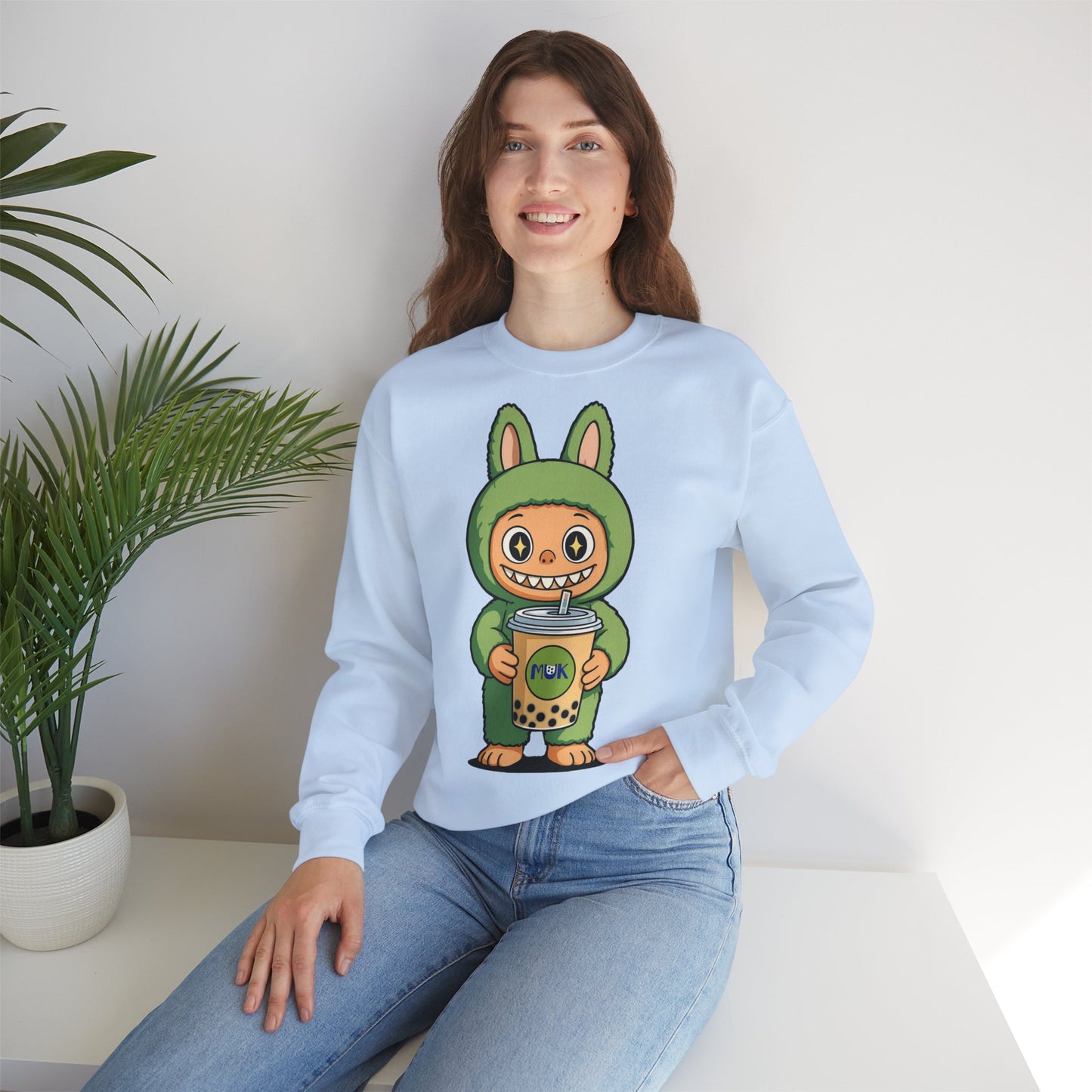 Felpa Unisex Labubu Bubble Tea – Sweatshirt Verde Streetwear Heavy Blend.