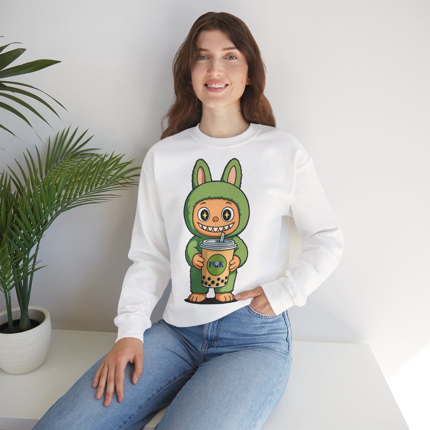 Felpa Unisex Labubu Bubble Tea – Sweatshirt Verde Streetwear Heavy Blend.