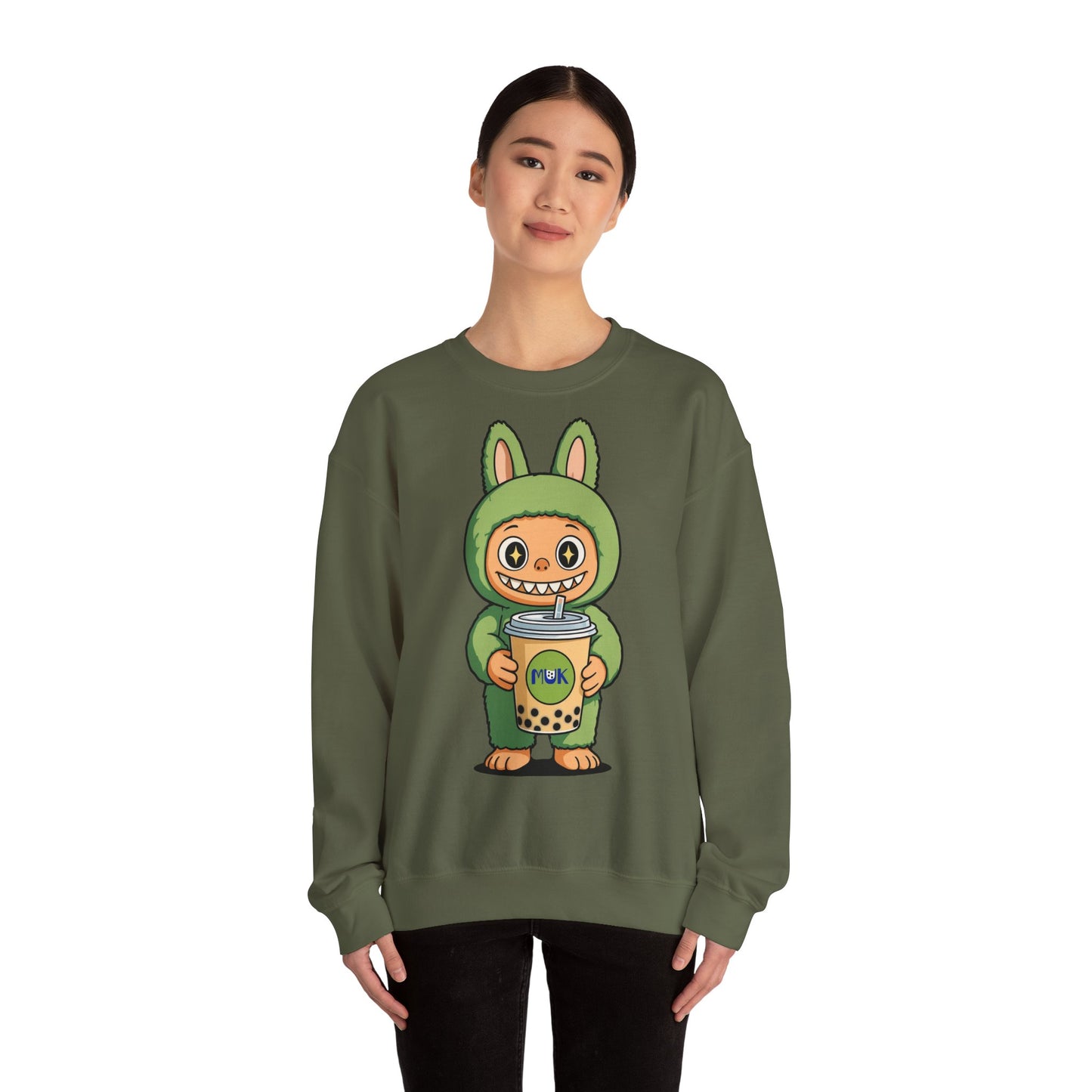 Felpa Unisex Labubu Bubble Tea – Sweatshirt Verde Streetwear Heavy Blend.
