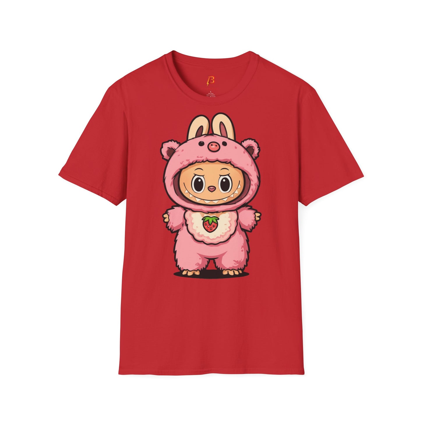 T-Shirt Unisex Labubu Softstyle – Outfit Cartoon Kawaii Rosa Orsetto Fragola.