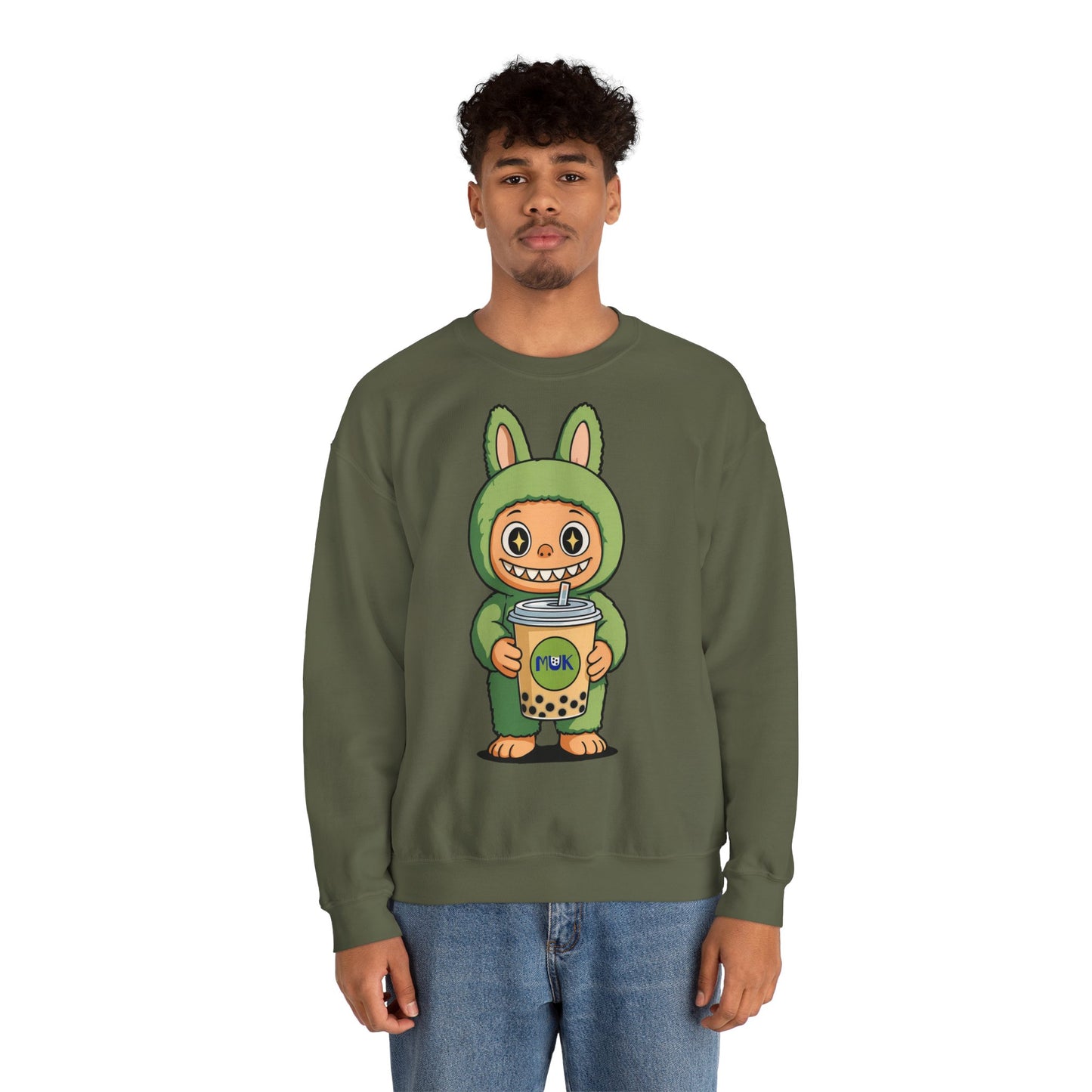 Felpa Unisex Labubu Bubble Tea – Sweatshirt Verde Streetwear Heavy Blend.