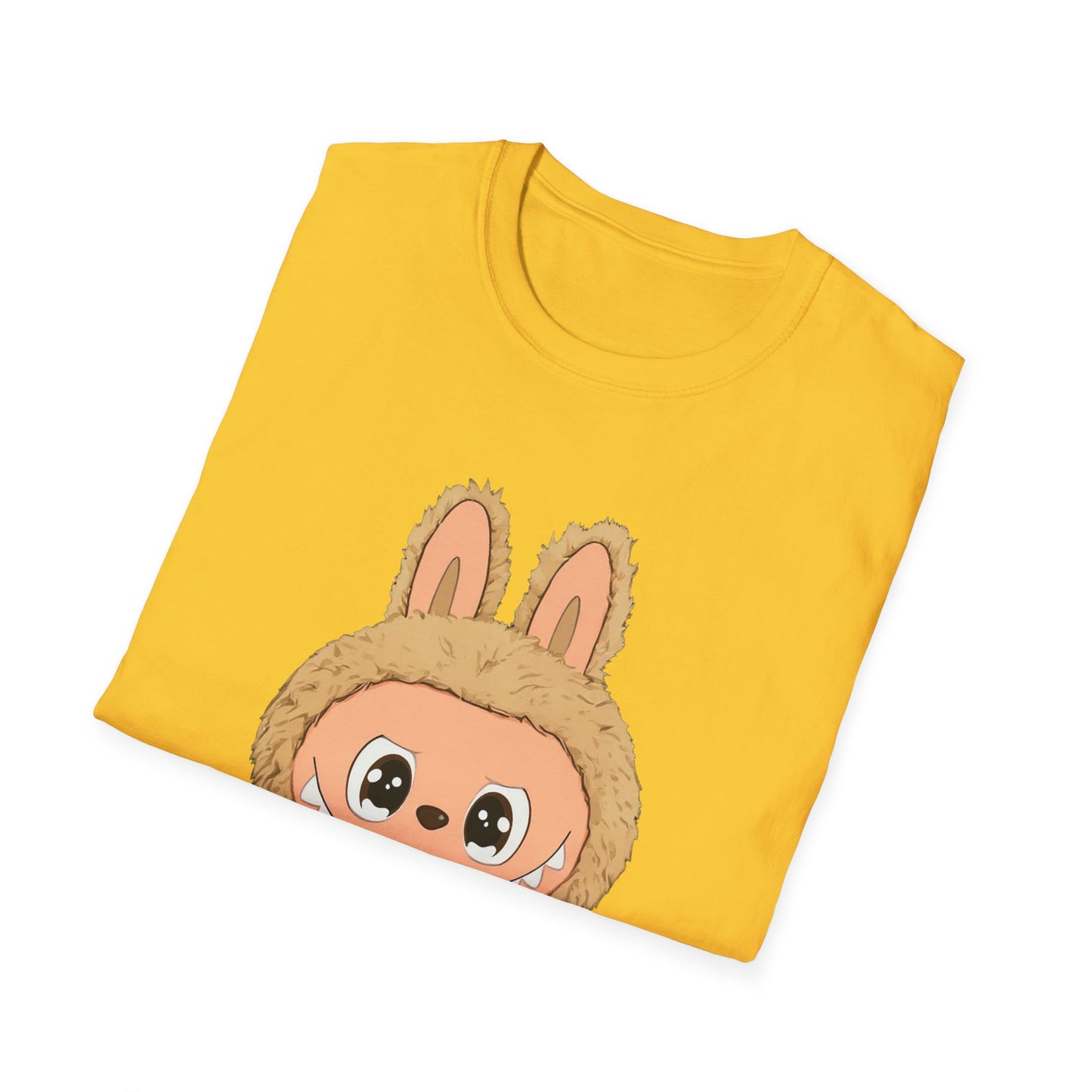 T-Shirt Unisex Labubu Softstyle – Design Kawaii con Camicia a Righe Azzurre.