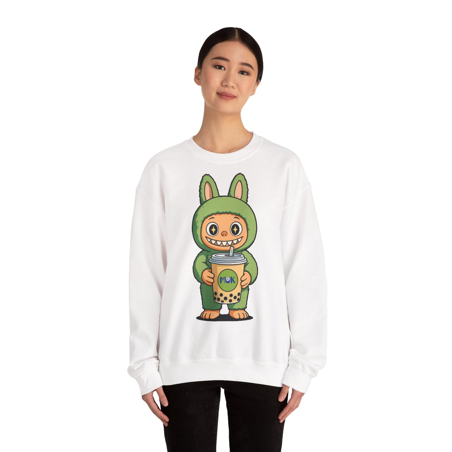 Felpa Unisex Labubu Bubble Tea – Sweatshirt Verde Streetwear Heavy Blend.