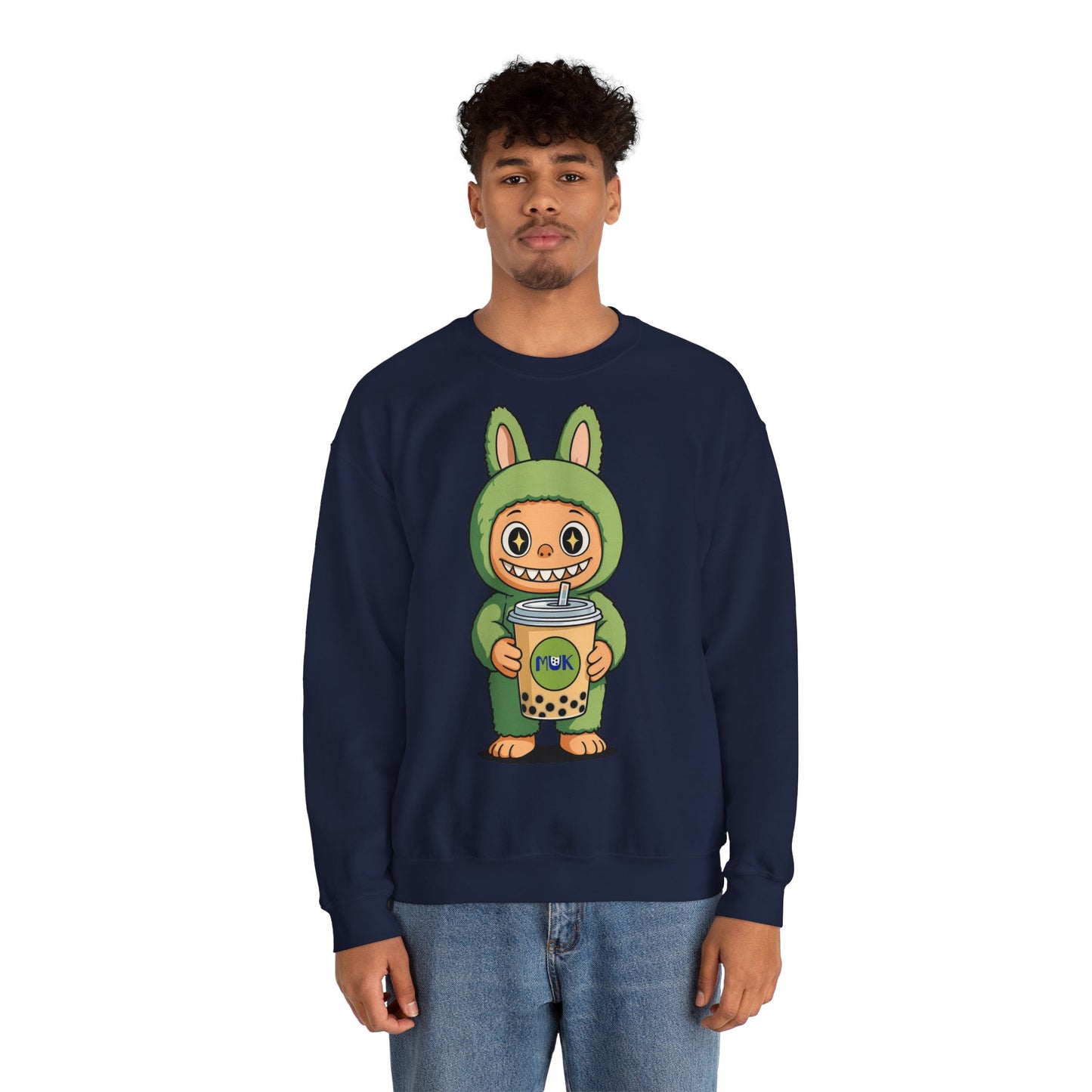 Felpa Unisex Labubu Bubble Tea – Sweatshirt Verde Streetwear Heavy Blend.