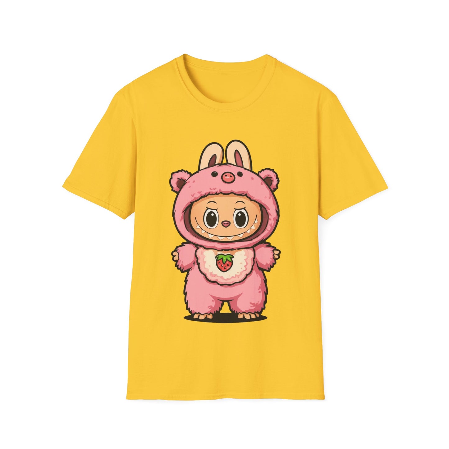 T-Shirt Unisex Labubu Softstyle – Outfit Cartoon Kawaii Rosa Orsetto Fragola.