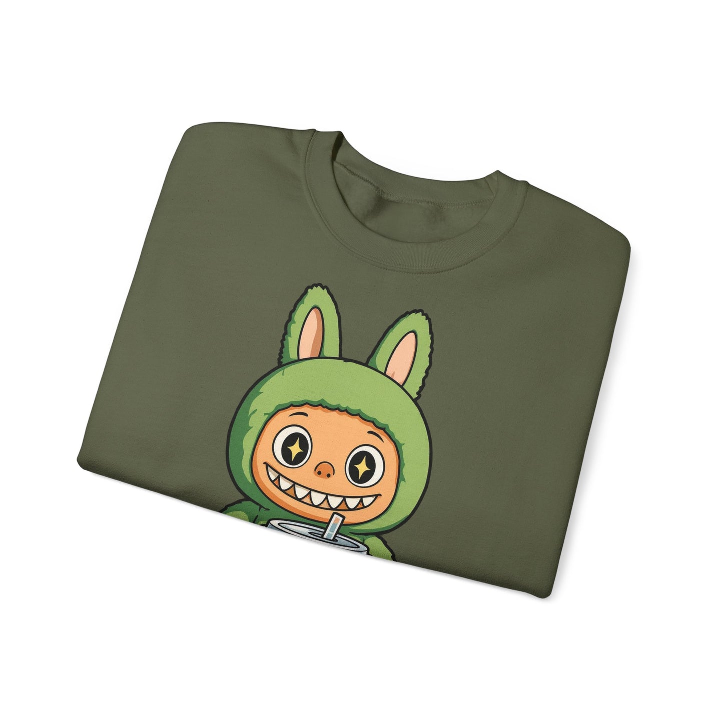Felpa Unisex Labubu Bubble Tea – Sweatshirt Verde Streetwear Heavy Blend.