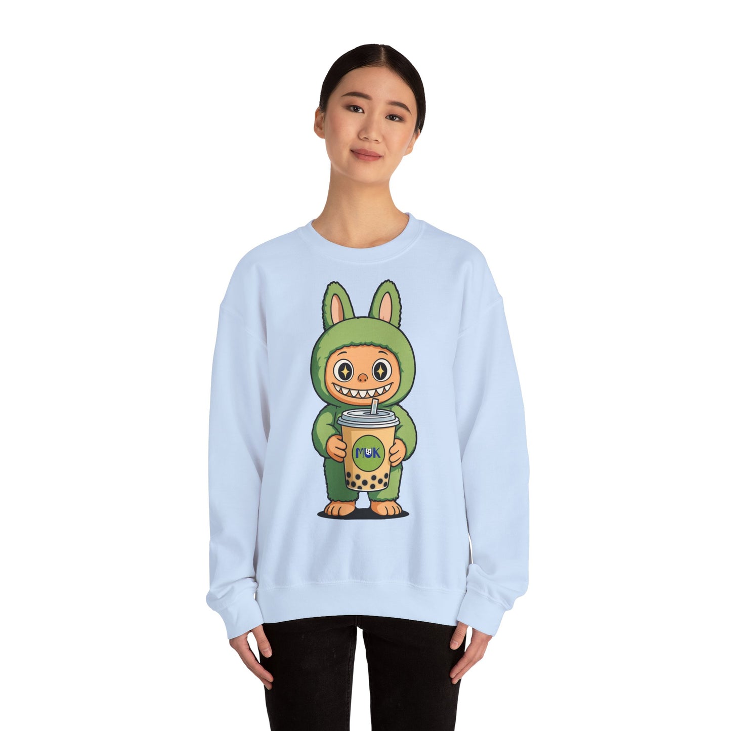 Felpa Unisex Labubu Bubble Tea – Sweatshirt Verde Streetwear Heavy Blend.