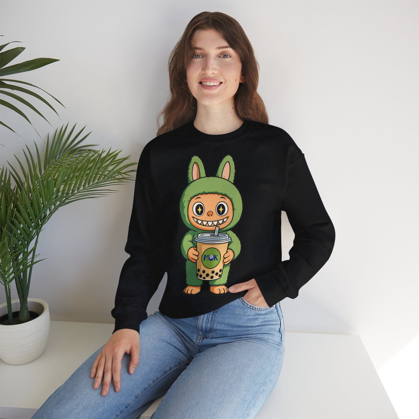 Felpa Unisex Labubu Bubble Tea – Sweatshirt Verde Streetwear Heavy Blend.