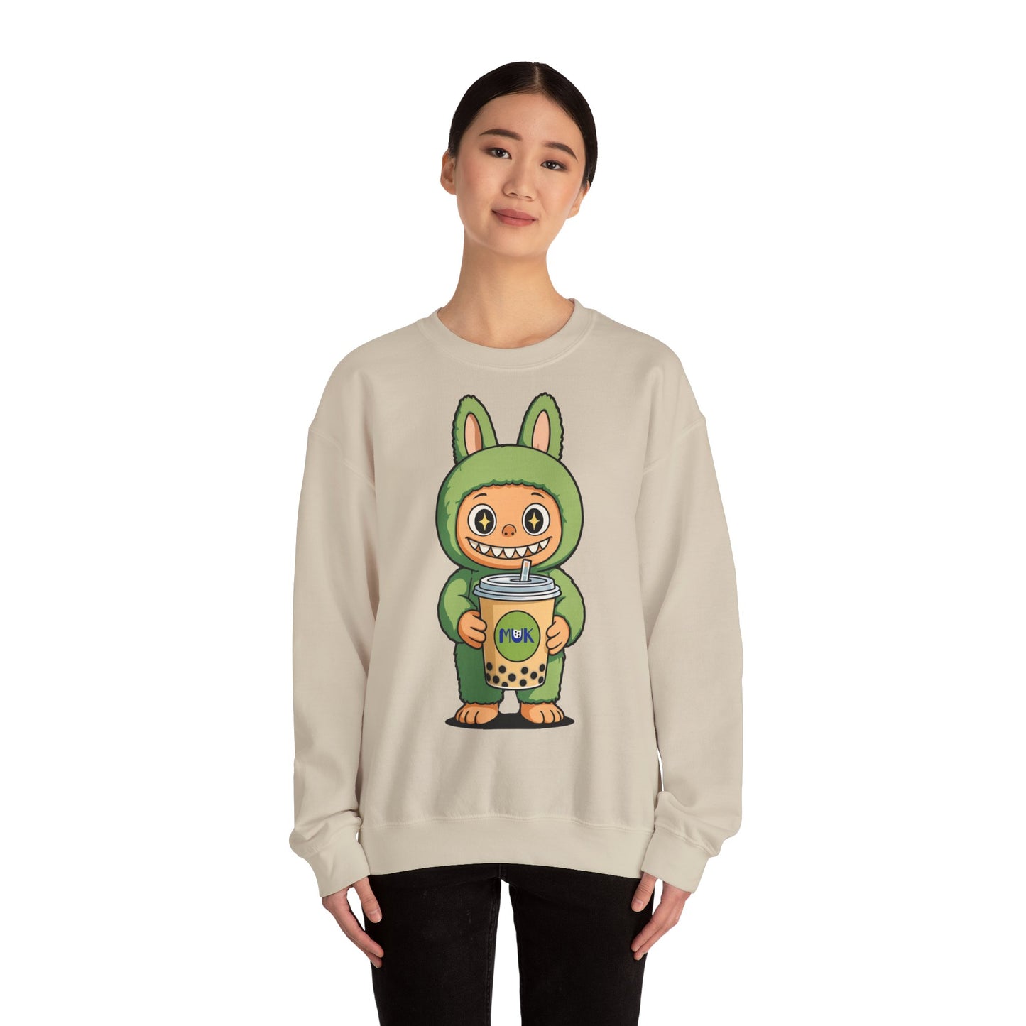Felpa Unisex Labubu Bubble Tea – Sweatshirt Verde Streetwear Heavy Blend.