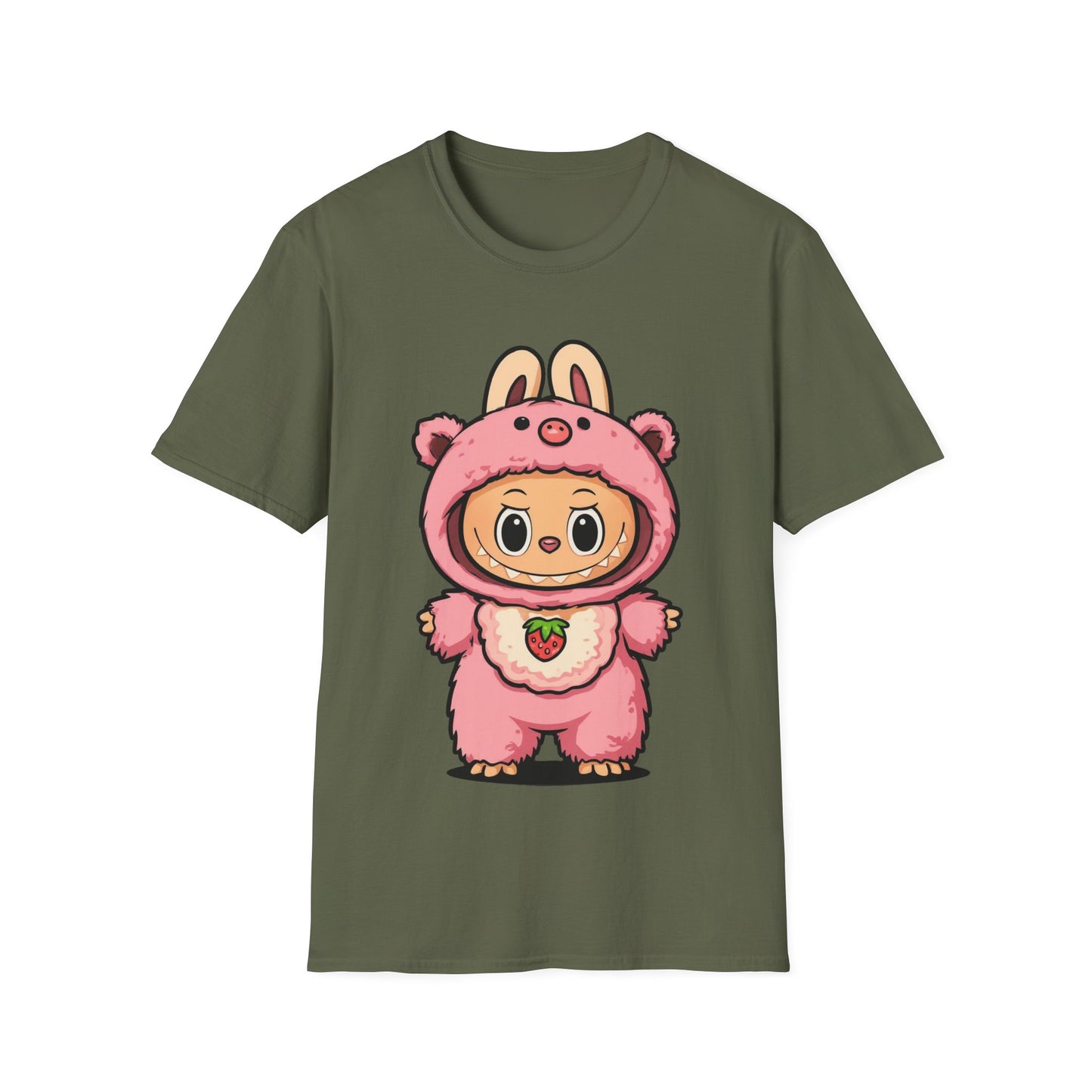 T-Shirt Unisex Labubu Softstyle – Outfit Cartoon Kawaii Rosa Orsetto Fragola.