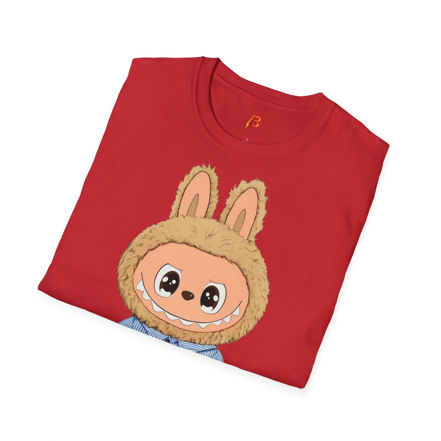 T-Shirt Unisex Labubu Softstyle – Design Kawaii con Camicia a Righe Azzurre.