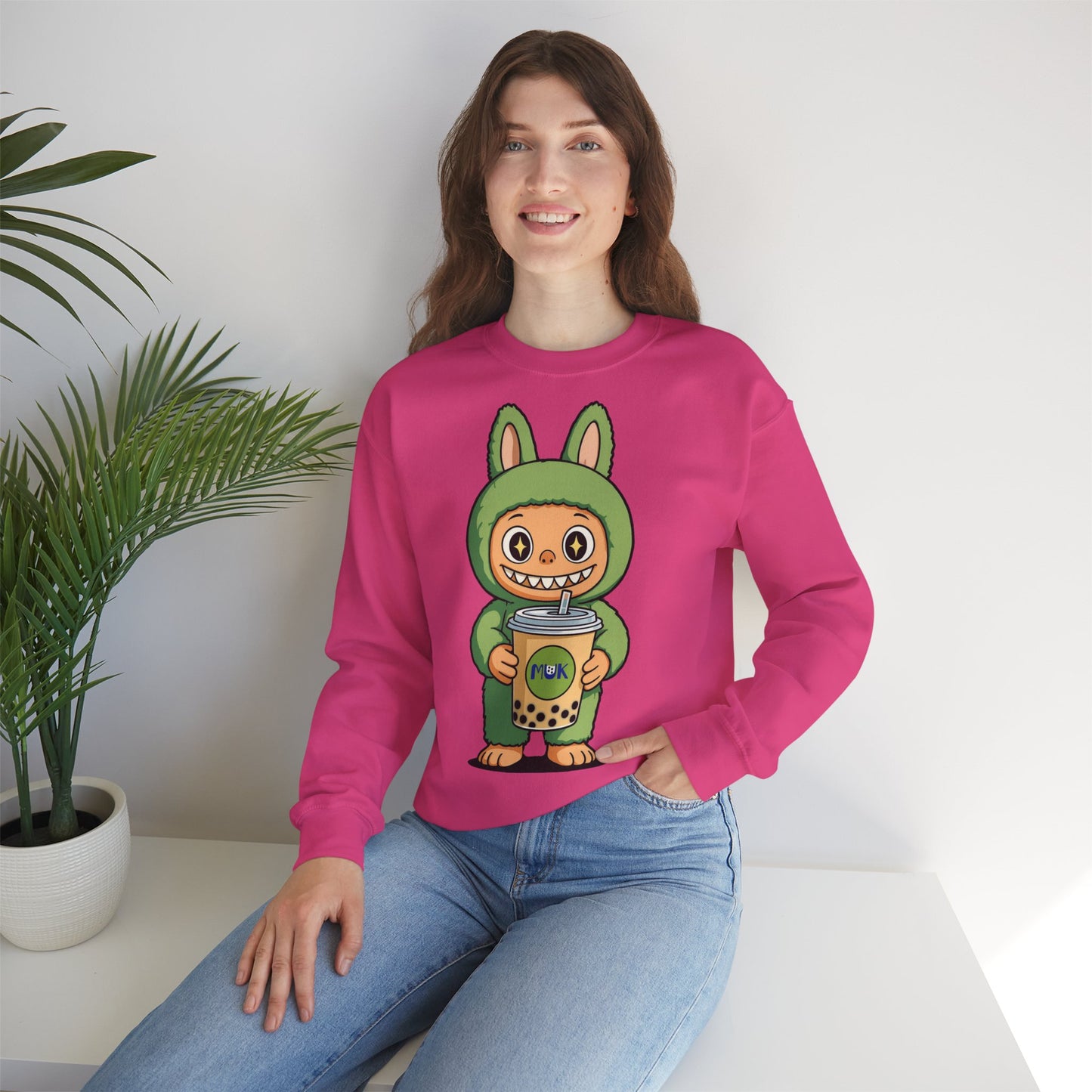 Felpa Unisex Labubu Bubble Tea – Sweatshirt Verde Streetwear Heavy Blend.