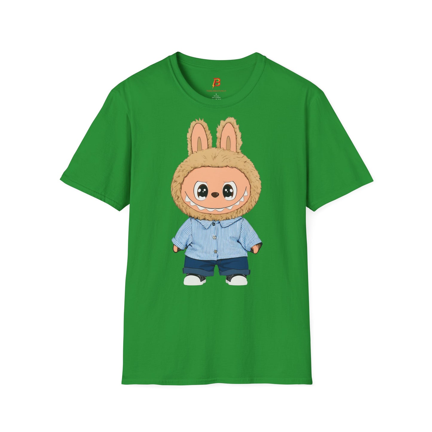 T-Shirt Unisex Labubu Softstyle – Design Kawaii con Camicia a Righe Azzurre.