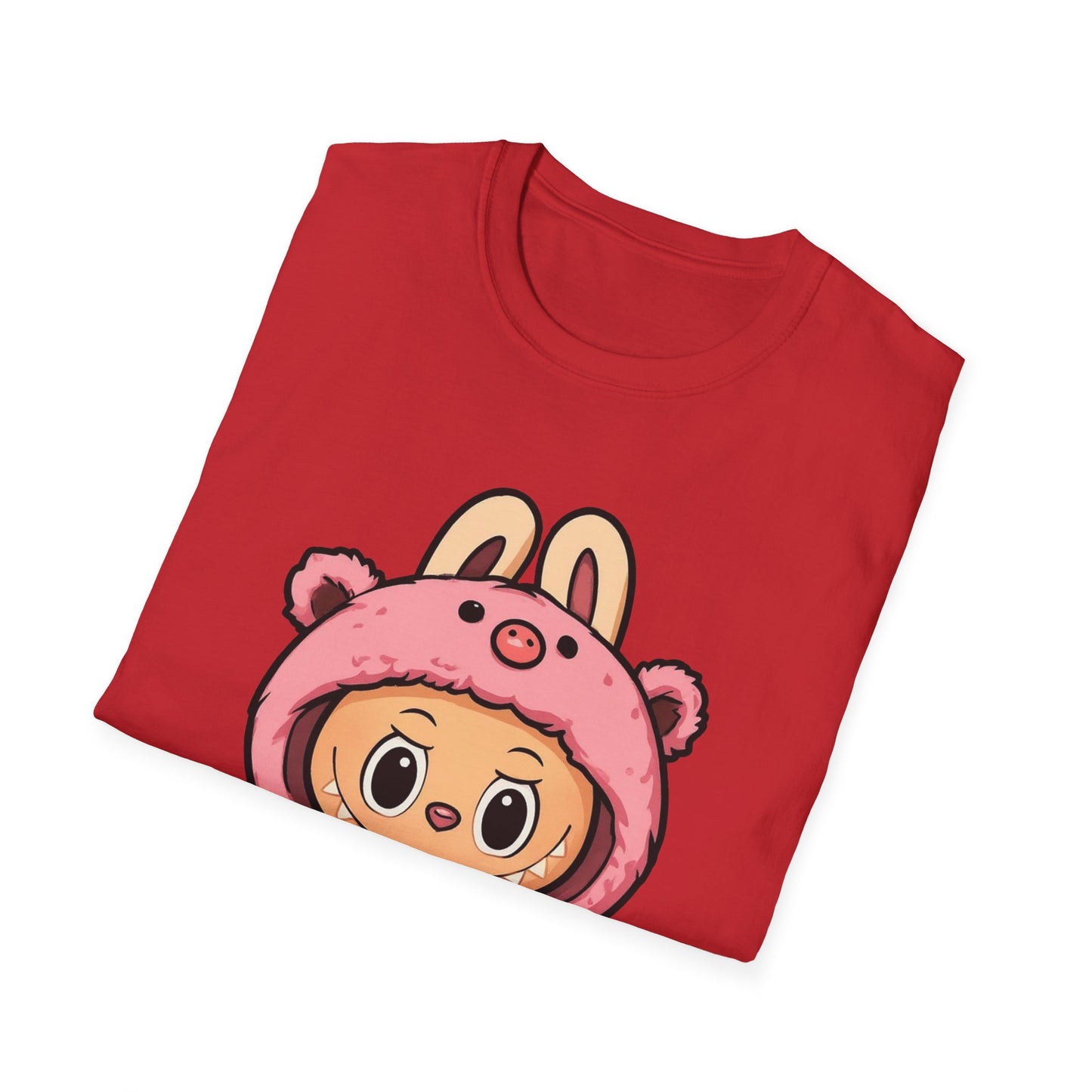 T-Shirt Unisex Labubu Softstyle – Outfit Cartoon Kawaii Rosa Orsetto Fragola.