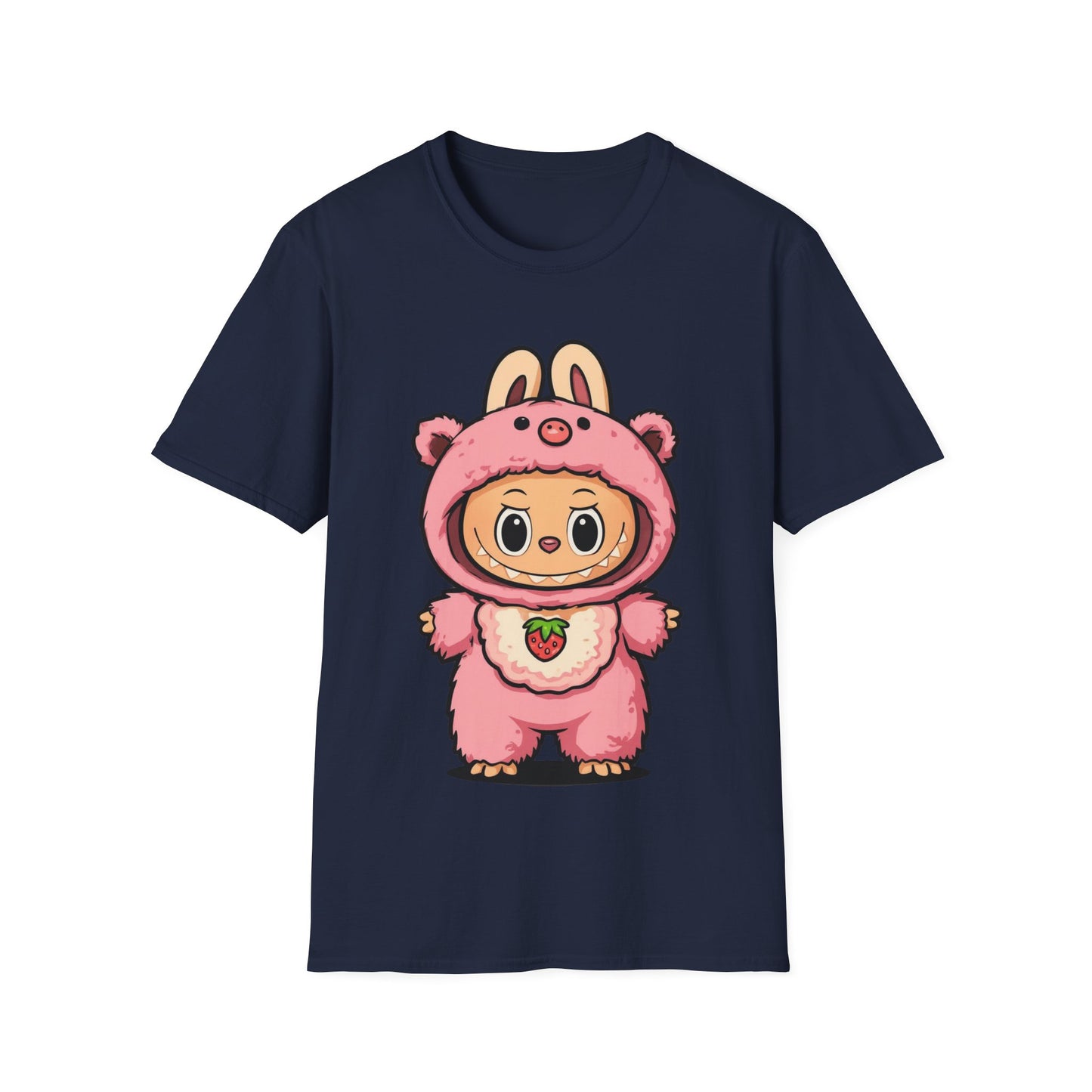 T-Shirt Unisex Labubu Softstyle – Outfit Cartoon Kawaii Rosa Orsetto Fragola.