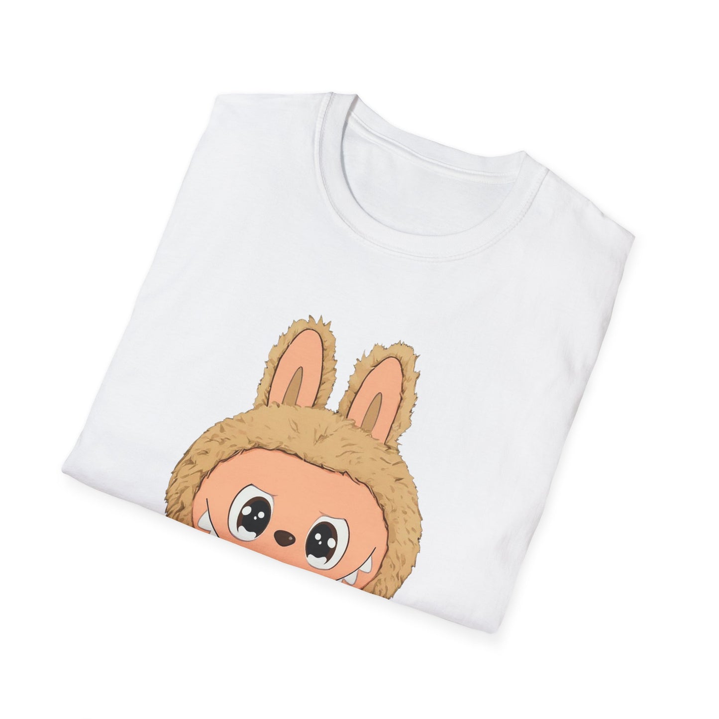 T-Shirt Unisex Labubu Softstyle – Design Kawaii con Camicia a Righe Azzurre.