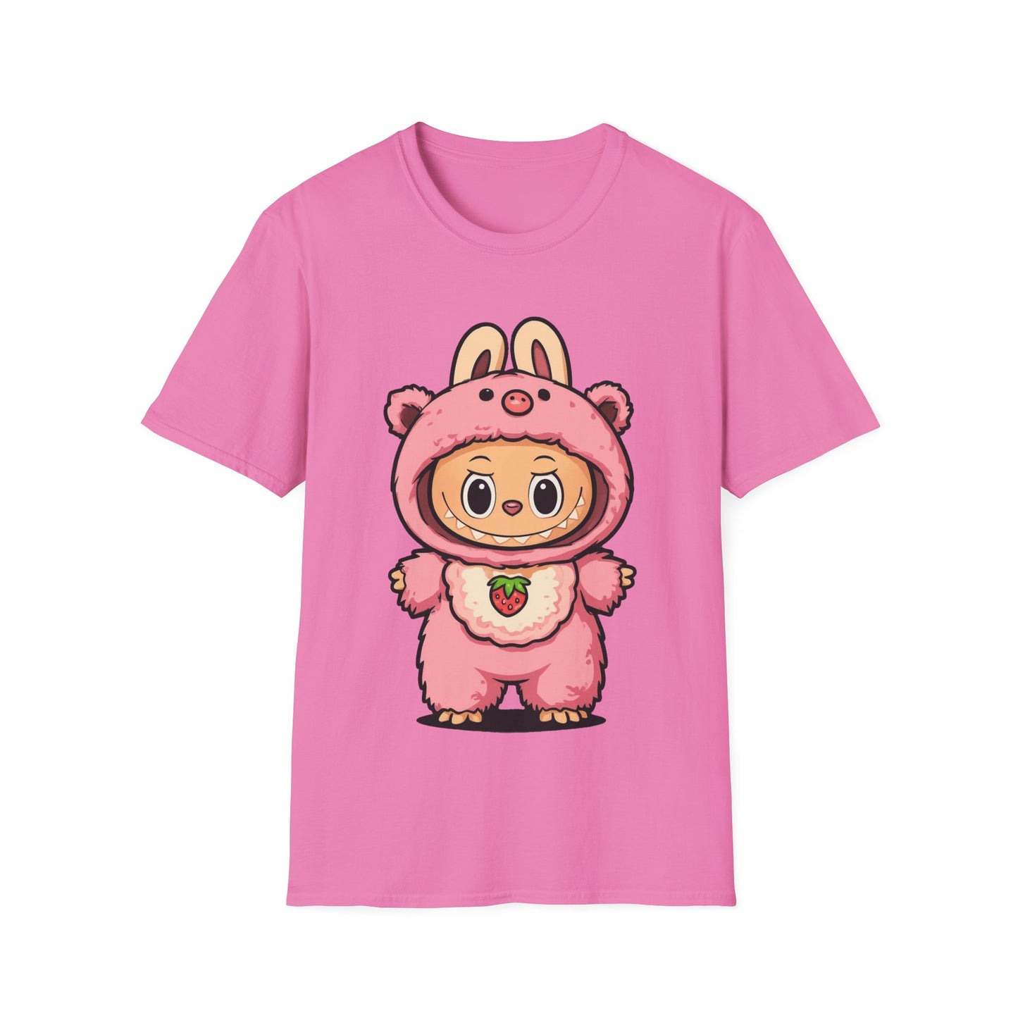 T-Shirt Unisex Labubu Softstyle – Outfit Cartoon Kawaii Rosa Orsetto Fragola.
