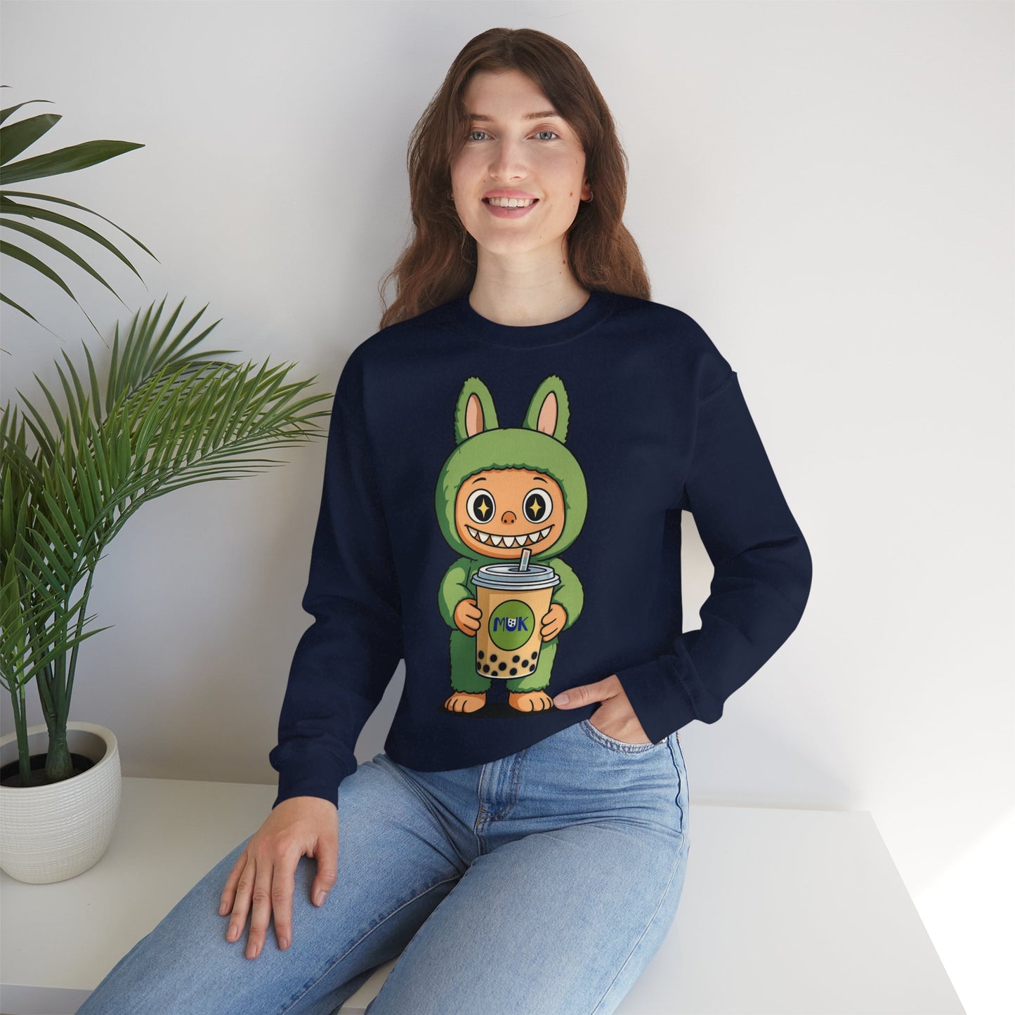 Felpa Unisex Labubu Bubble Tea – Sweatshirt Verde Streetwear Heavy Blend.