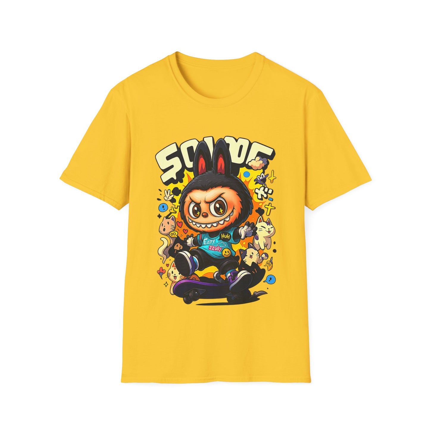 T-Shirt Unisex Labubu Softstyle  – Design Kawaii Streetwear con Skateboard.
