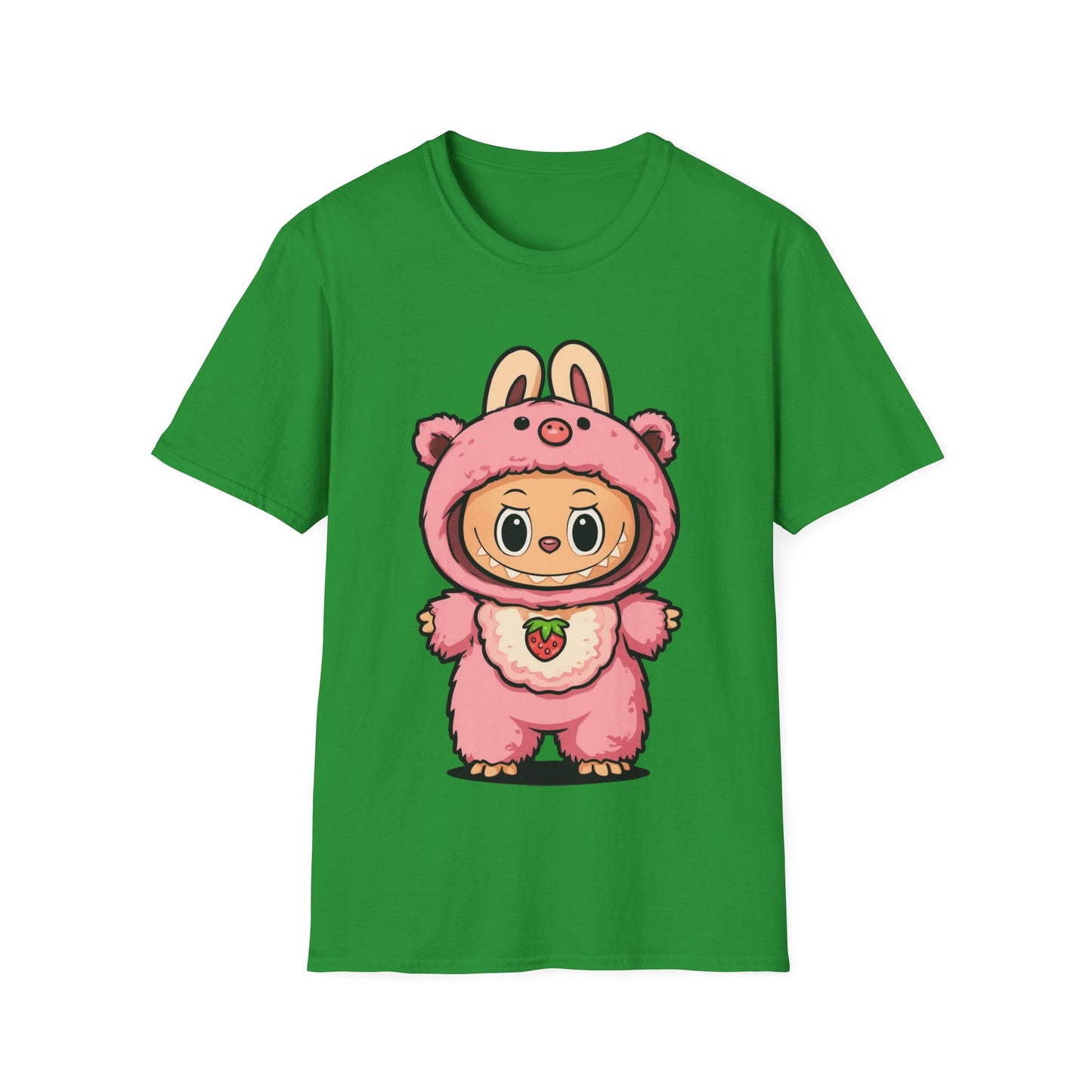 T-Shirt Unisex Labubu Softstyle – Outfit Cartoon Kawaii Rosa Orsetto Fragola.