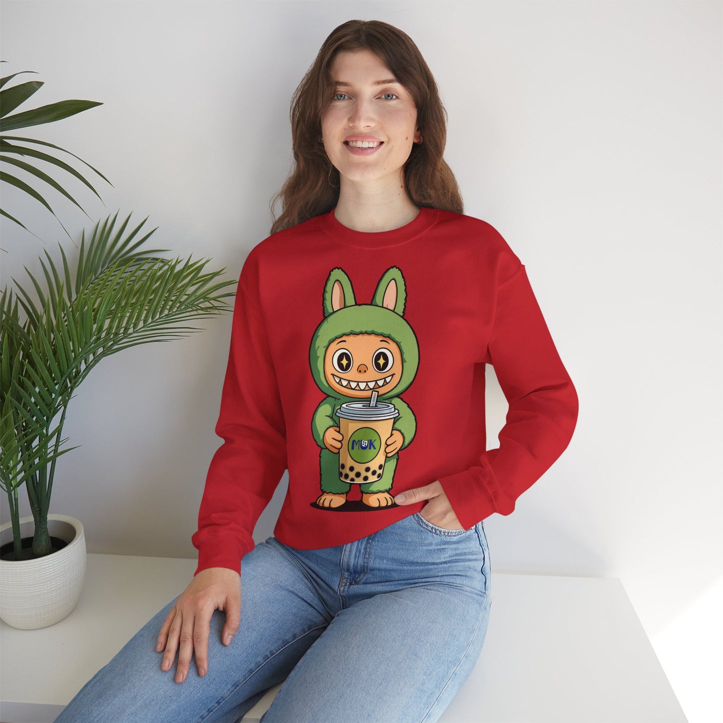 Felpa Unisex Labubu Bubble Tea – Sweatshirt Verde Streetwear Heavy Blend.