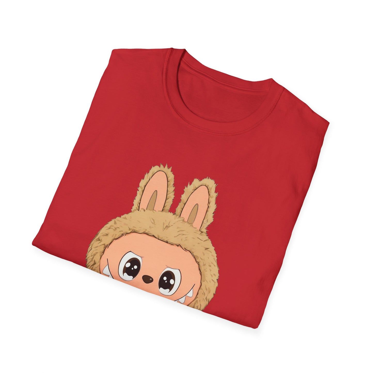 T-Shirt Unisex Labubu Softstyle – Design Kawaii con Camicia a Righe Azzurre.