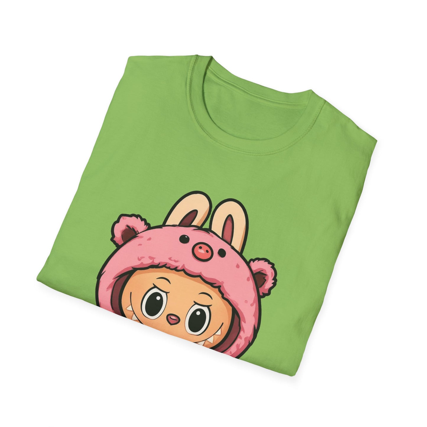 T-Shirt Unisex Labubu Softstyle – Outfit Cartoon Kawaii Rosa Orsetto Fragola.