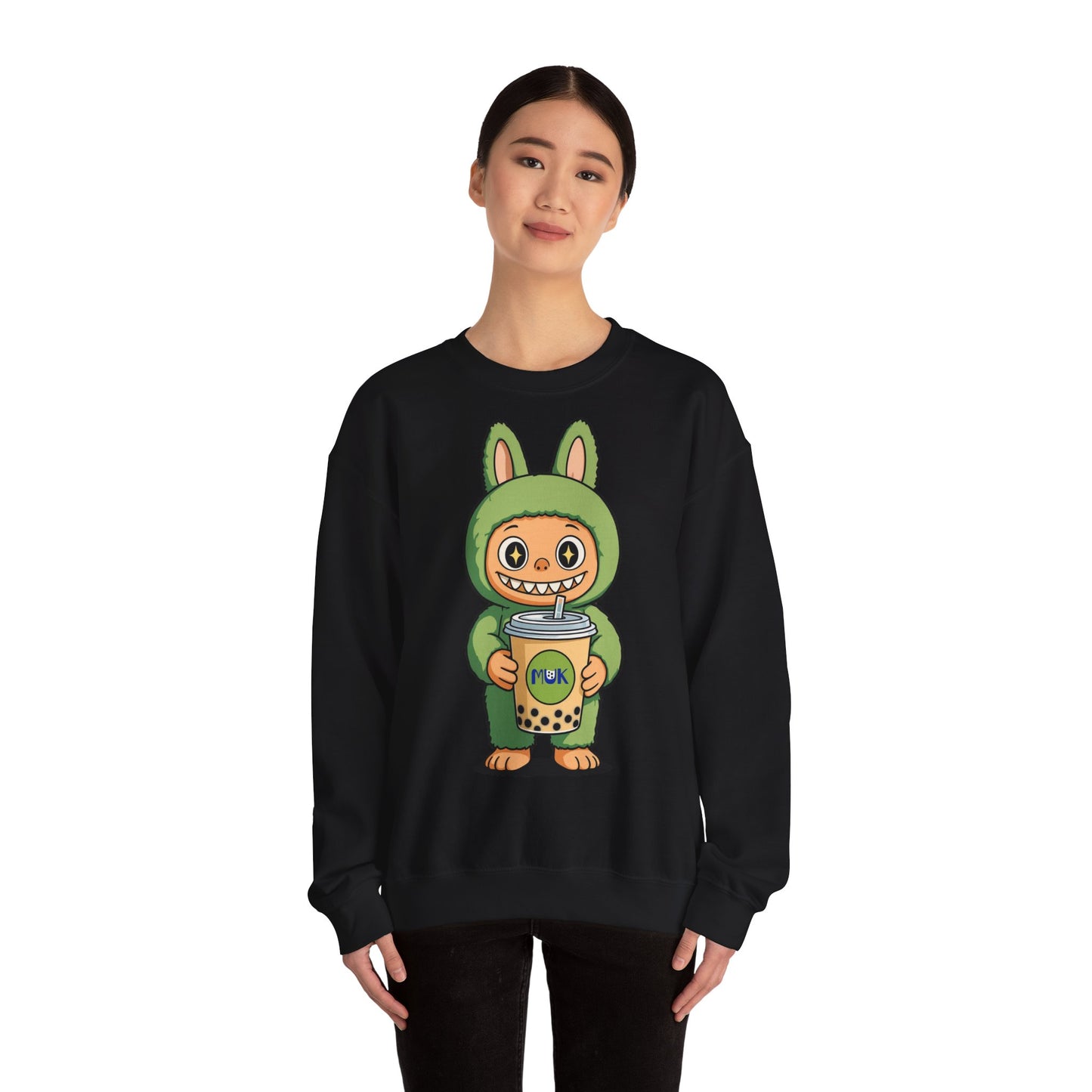 Felpa Unisex Labubu Bubble Tea – Sweatshirt Verde Streetwear Heavy Blend.