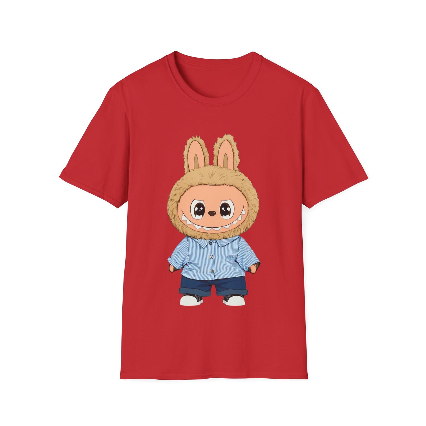 T-Shirt Unisex Labubu Softstyle – Design Kawaii con Camicia a Righe Azzurre.