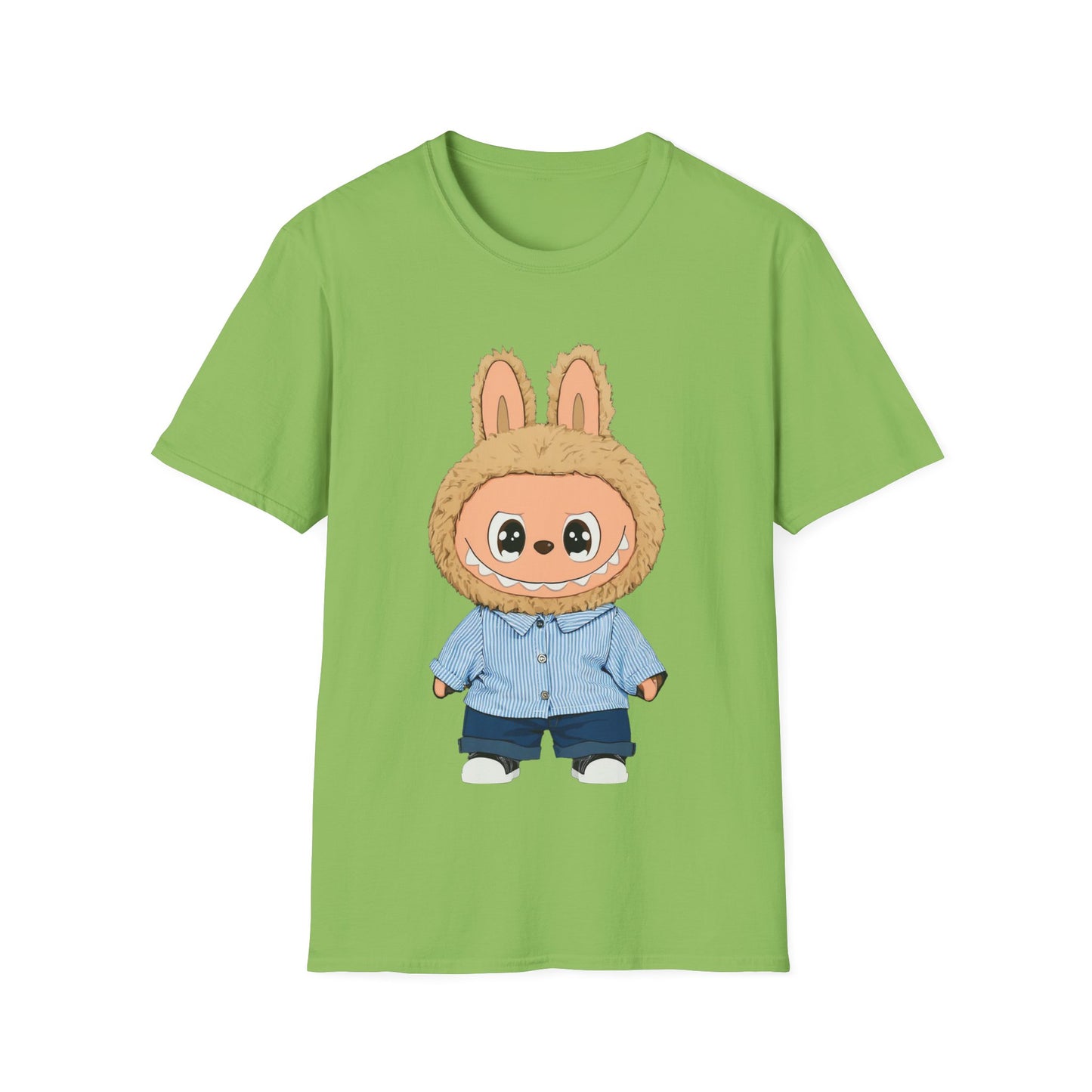 T-Shirt Unisex Labubu Softstyle – Design Kawaii con Camicia a Righe Azzurre.
