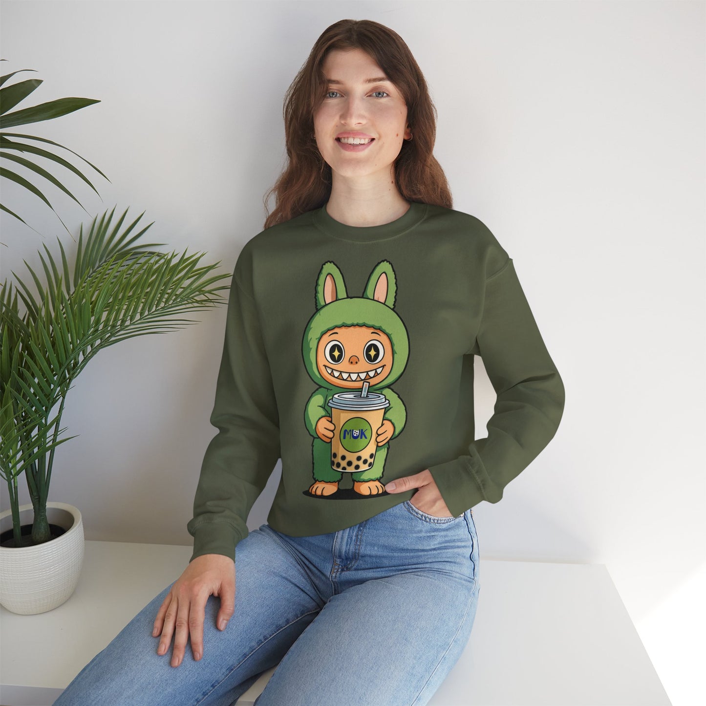 Felpa Unisex Labubu Bubble Tea – Sweatshirt Verde Streetwear Heavy Blend.