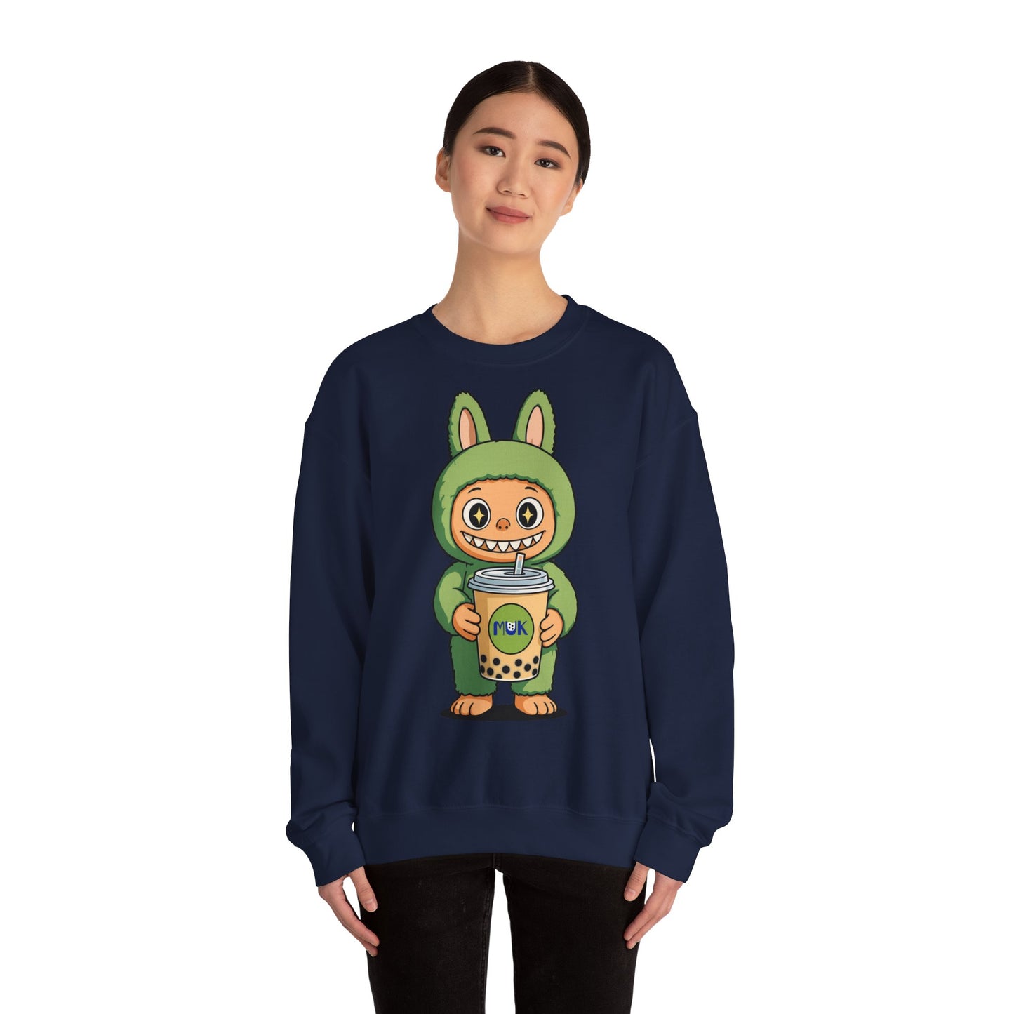 Felpa Unisex Labubu Bubble Tea – Sweatshirt Verde Streetwear Heavy Blend.