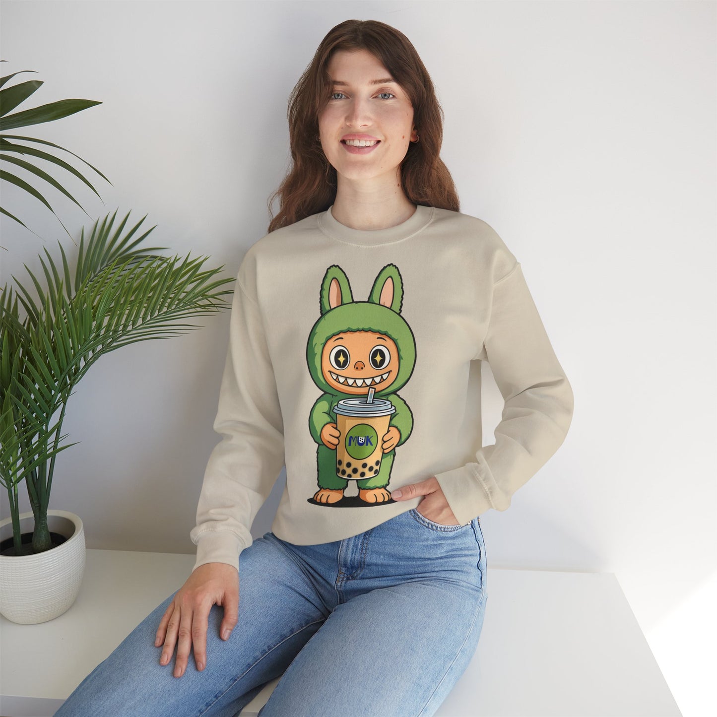 Felpa Unisex Labubu Bubble Tea – Sweatshirt Verde Streetwear Heavy Blend.