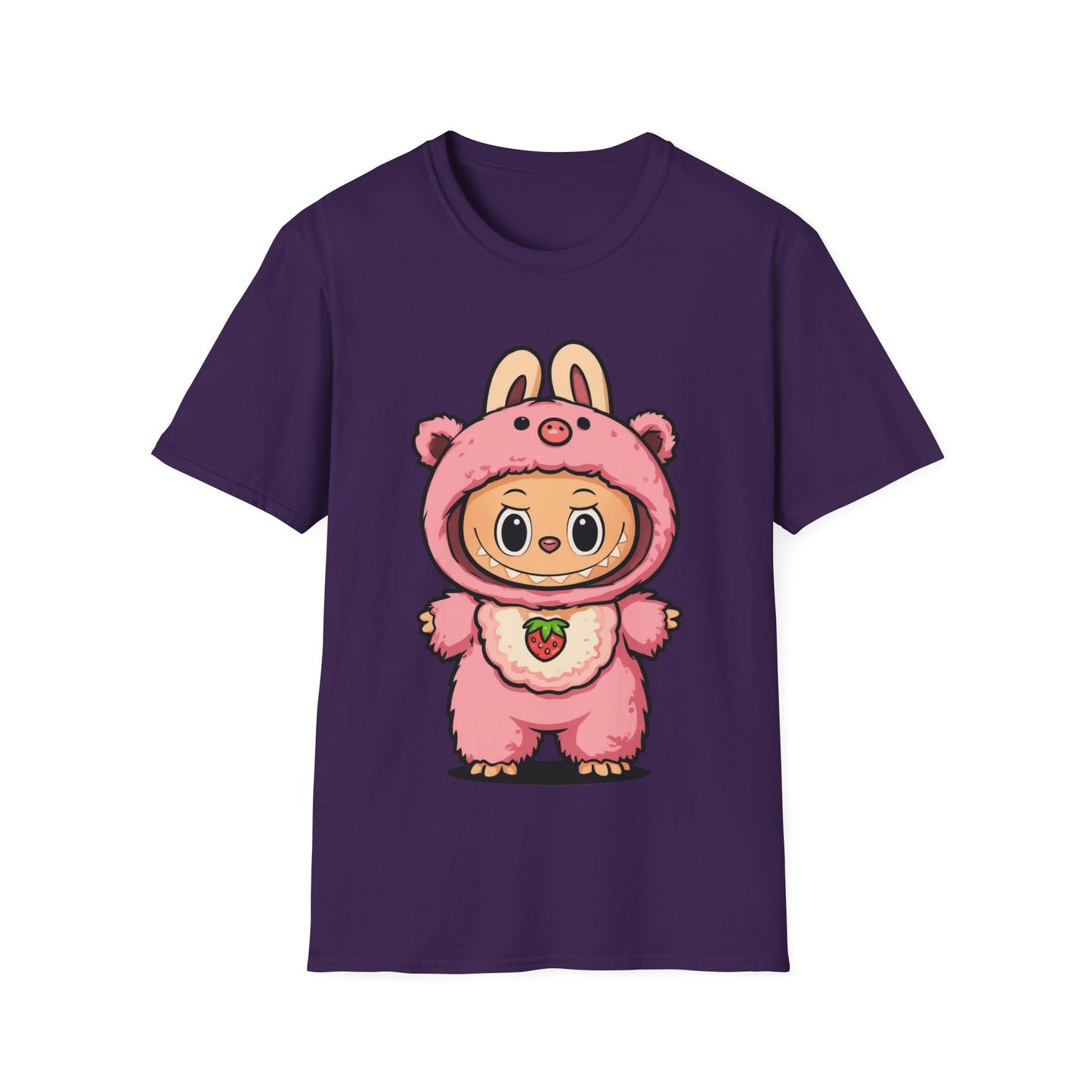 T-Shirt Unisex Labubu Softstyle – Outfit Cartoon Kawaii Rosa Orsetto Fragola.