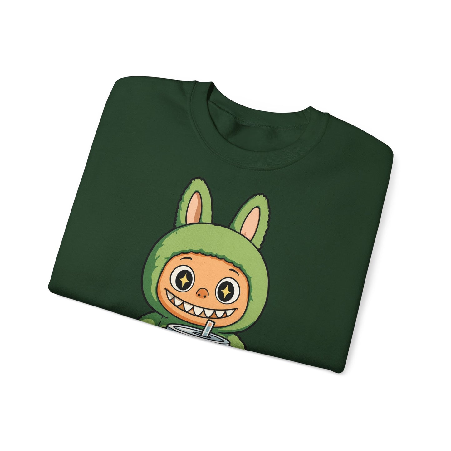 Felpa Unisex Labubu Bubble Tea – Sweatshirt Verde Streetwear Heavy Blend.