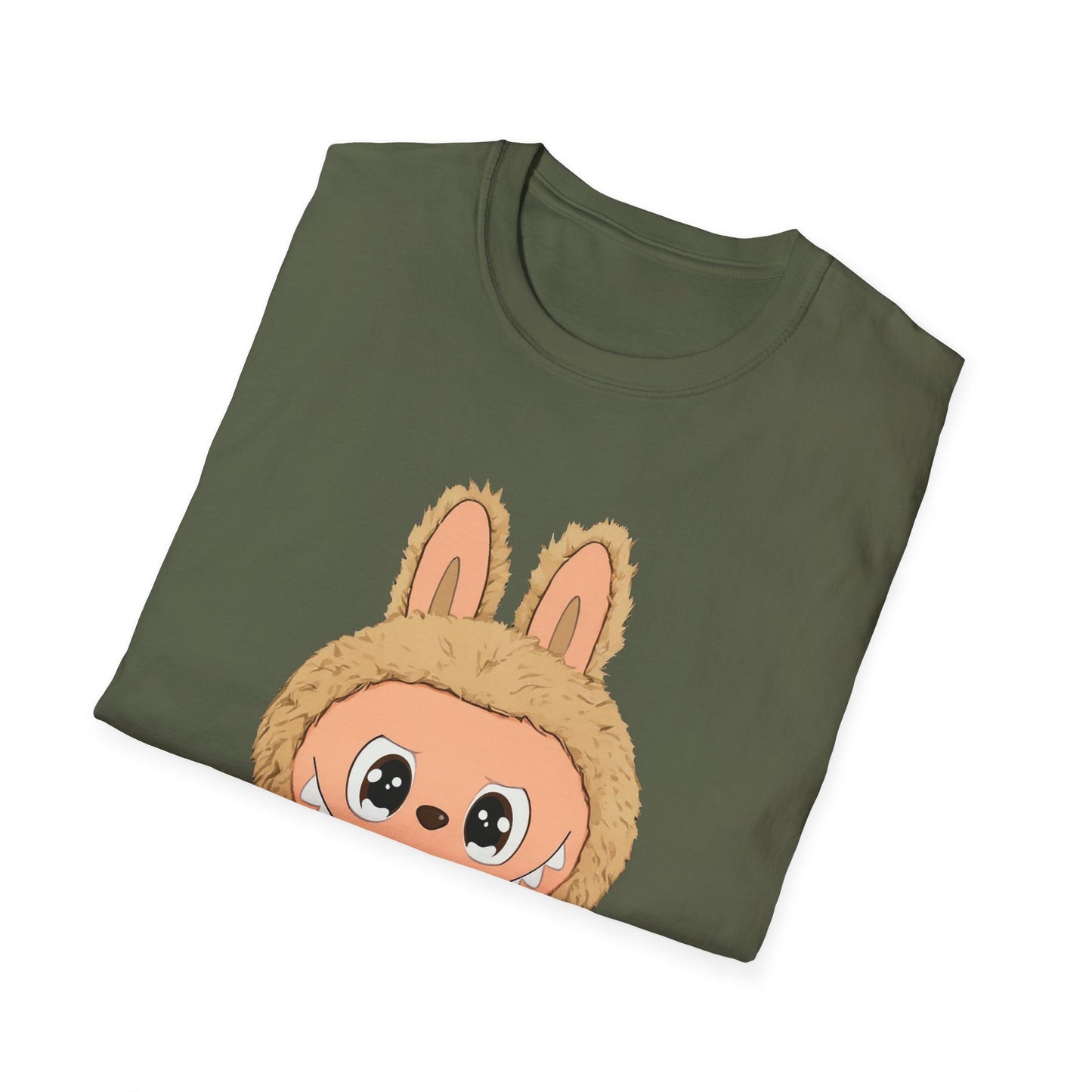 T-Shirt Unisex Labubu Softstyle – Design Kawaii con Camicia a Righe Azzurre.