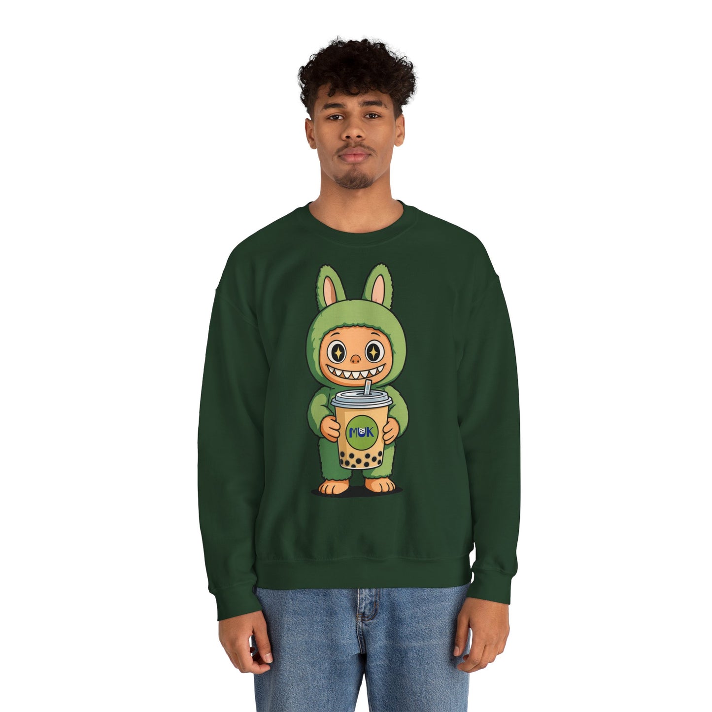 Felpa Unisex Labubu Bubble Tea – Sweatshirt Verde Streetwear Heavy Blend.