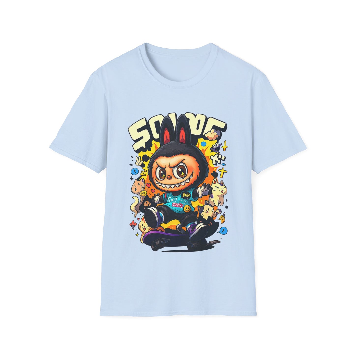 T-Shirt Unisex Labubu Softstyle  – Design Kawaii Streetwear con Skateboard.